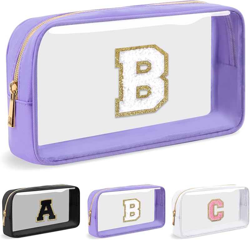 Necessaire de maquiagem transparente UIXIZQ com inicial em chenille, nylon e PVC, roxa, 25 x 13 x 6 cm