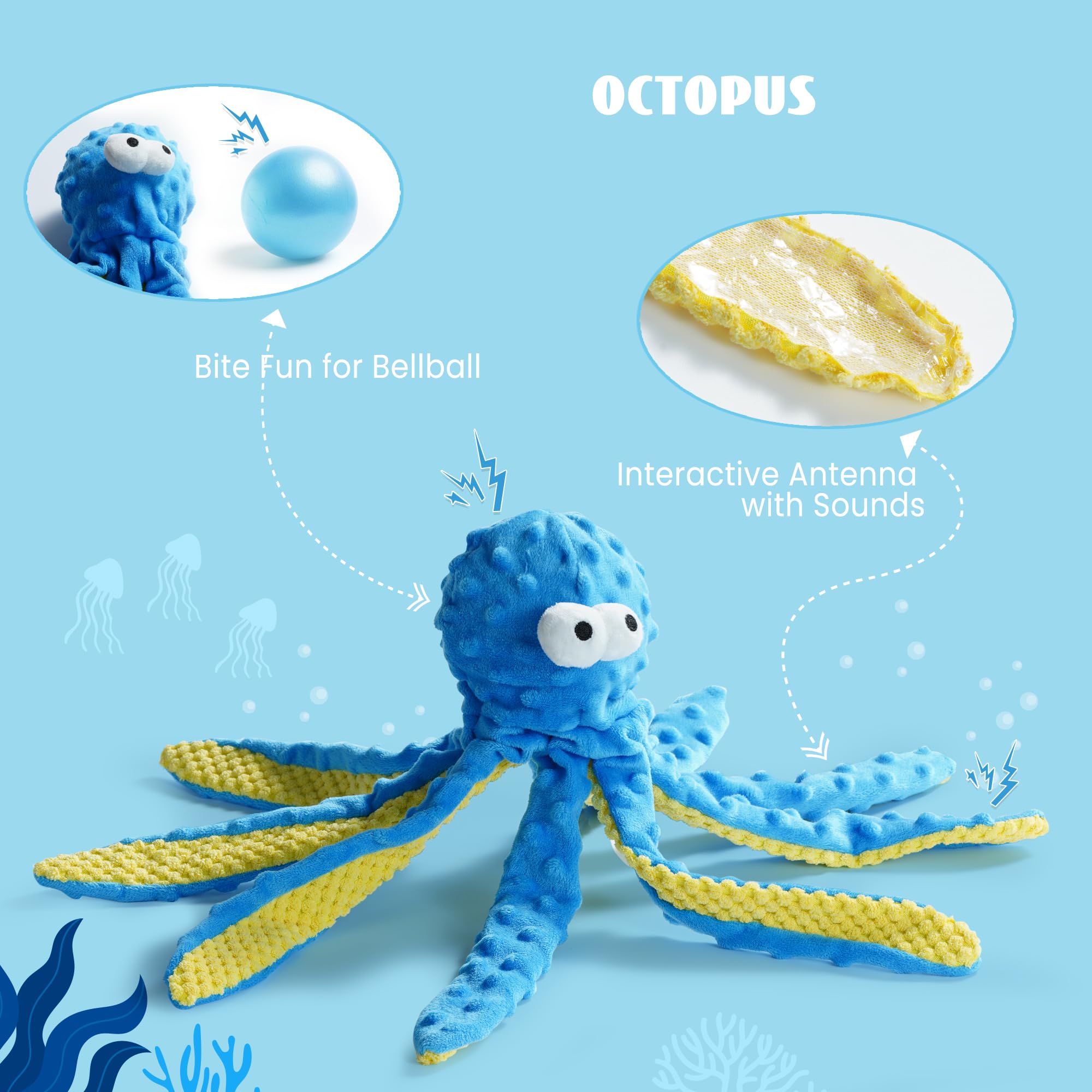 Nocciola 3 Packs No Stuffing Octopus Dog Toy With a Large Squeaker, Interactive Tug of War Toy With Crinkle Paper - Image 3
