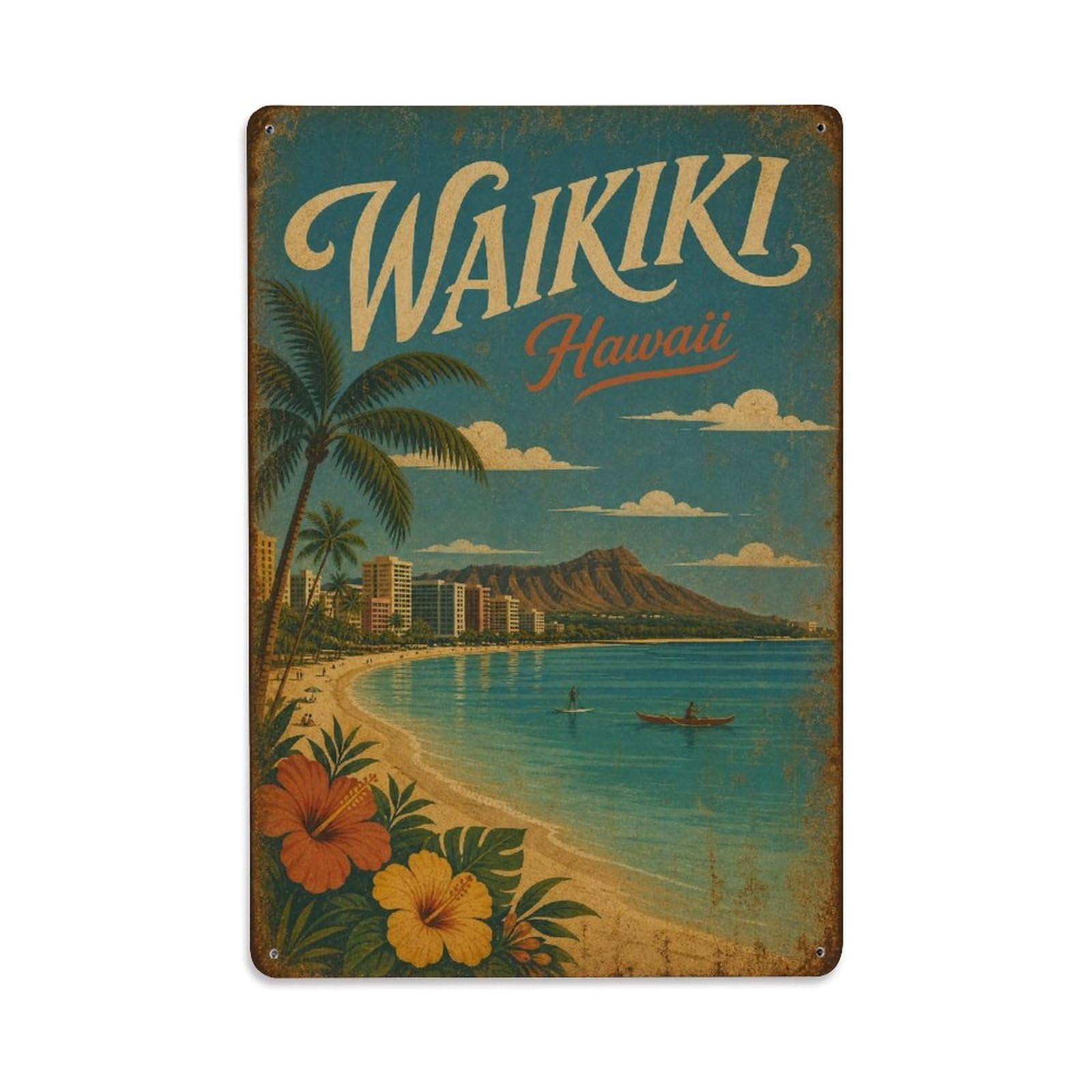 Waikiki Hawaii Beach Bay Landmark Heritage Travel Metal Tin Sign