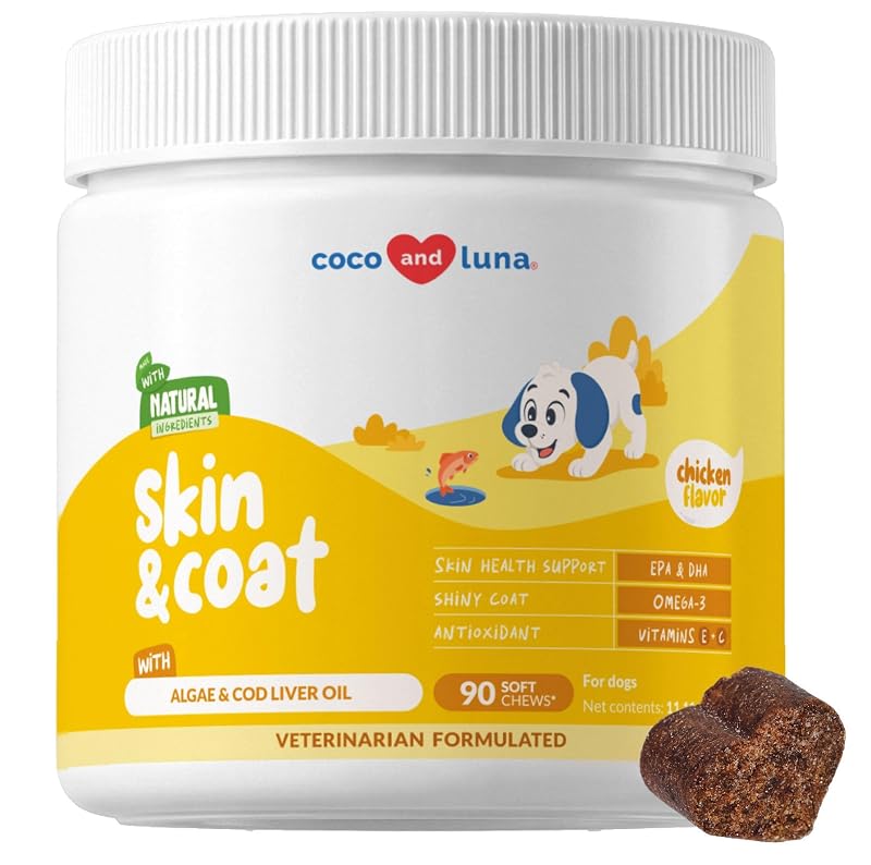Suplemento para Pele e Pelagem de Cães com Ômega 3, EPA e DHA, Sabor Frango, 90 Unidades