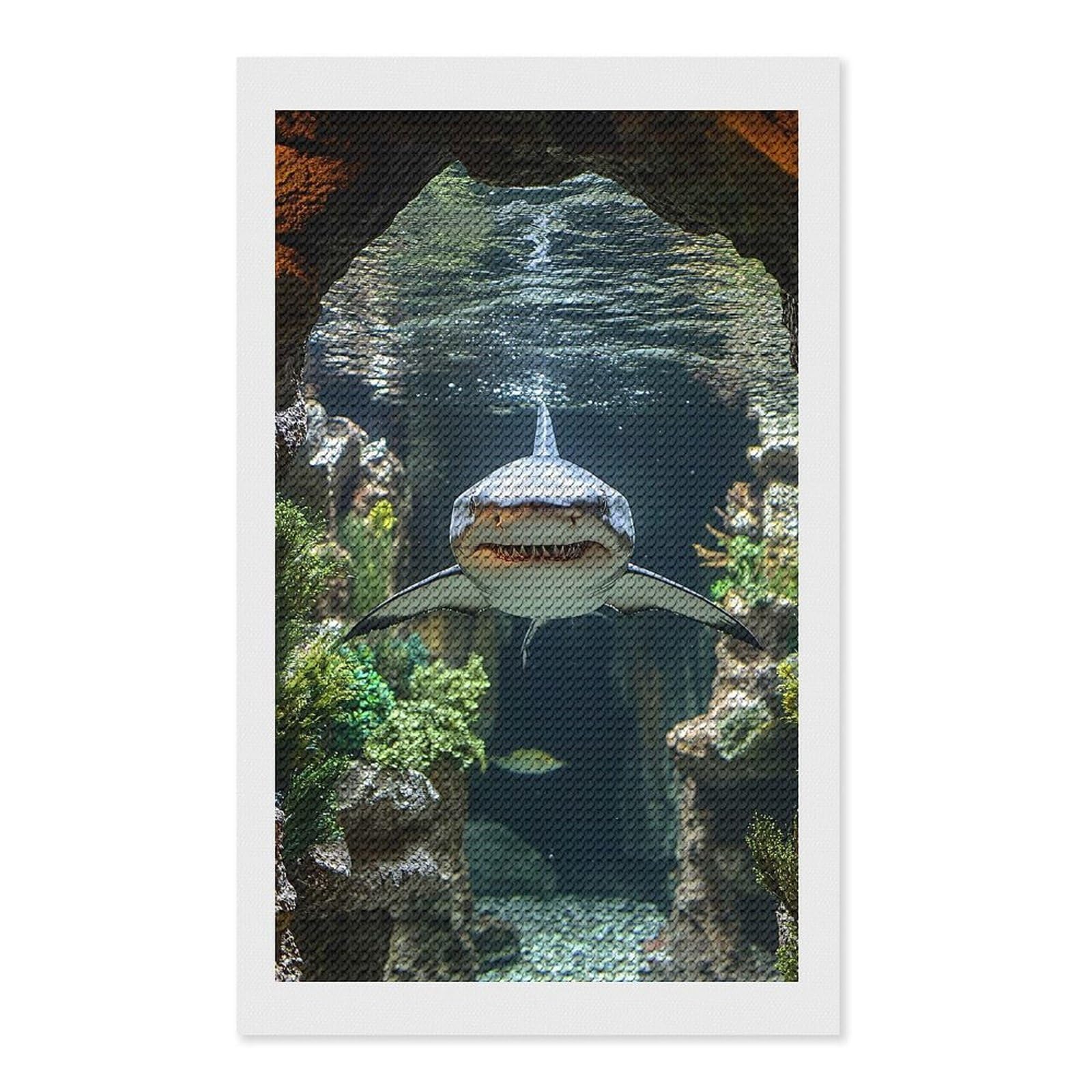 Junmoney Shark Swimming Through Underwater Cave Diamond Painting Canvas Set 12"x20", Full Kit Included, Calming Craft to Unwind, Farmhouse Decor, Christmas Gift