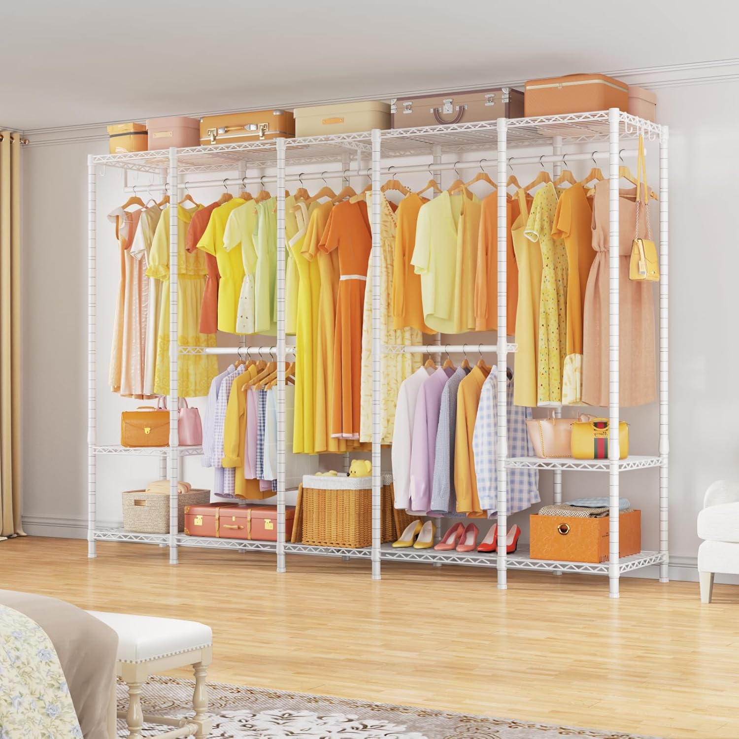 ulif h50 extra large clothes rack, heavy duty garment rack, freestanding portable closet, clothing racks for hanging clothes, wardrobe closet 89.8'' w x 15.8" d x 76.4" h, max load 1400 lbs, white