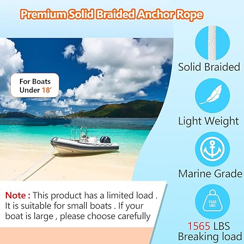 Miniatura 2 de Cuerda de anclaje de 100 pies, línea de anclaje MFP trenzada sólida de alta calidad con dedal de acero inoxidable 316, cuerda de anclaje de barco de