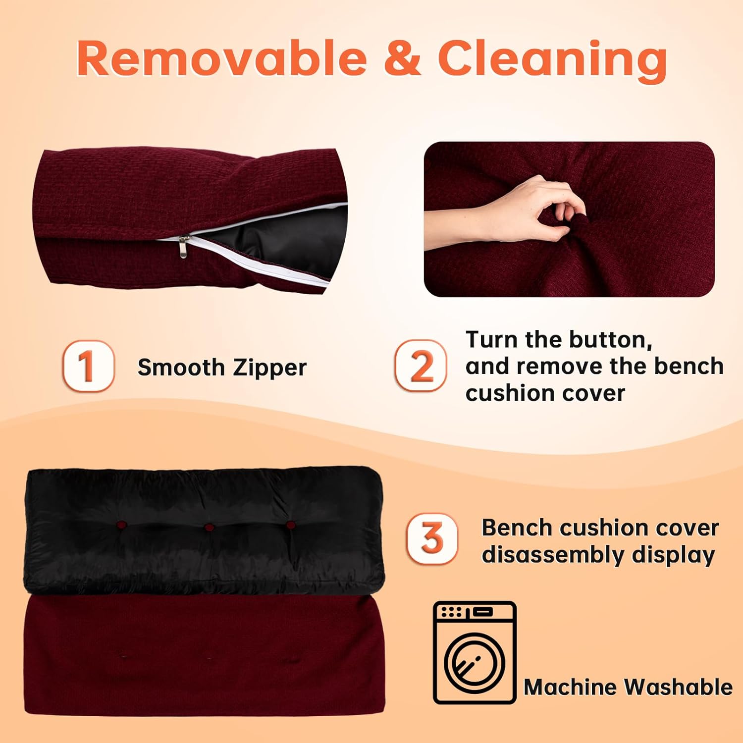 Bench Cushion 42 Inch - Sackcloth Fabric, High-Density Foam, Non-Slip Bottom, Soft Durable Indoor Tufted Long Seat Cushion for Window Garden Furniture (Dark Red, 42x16x4 Inch)