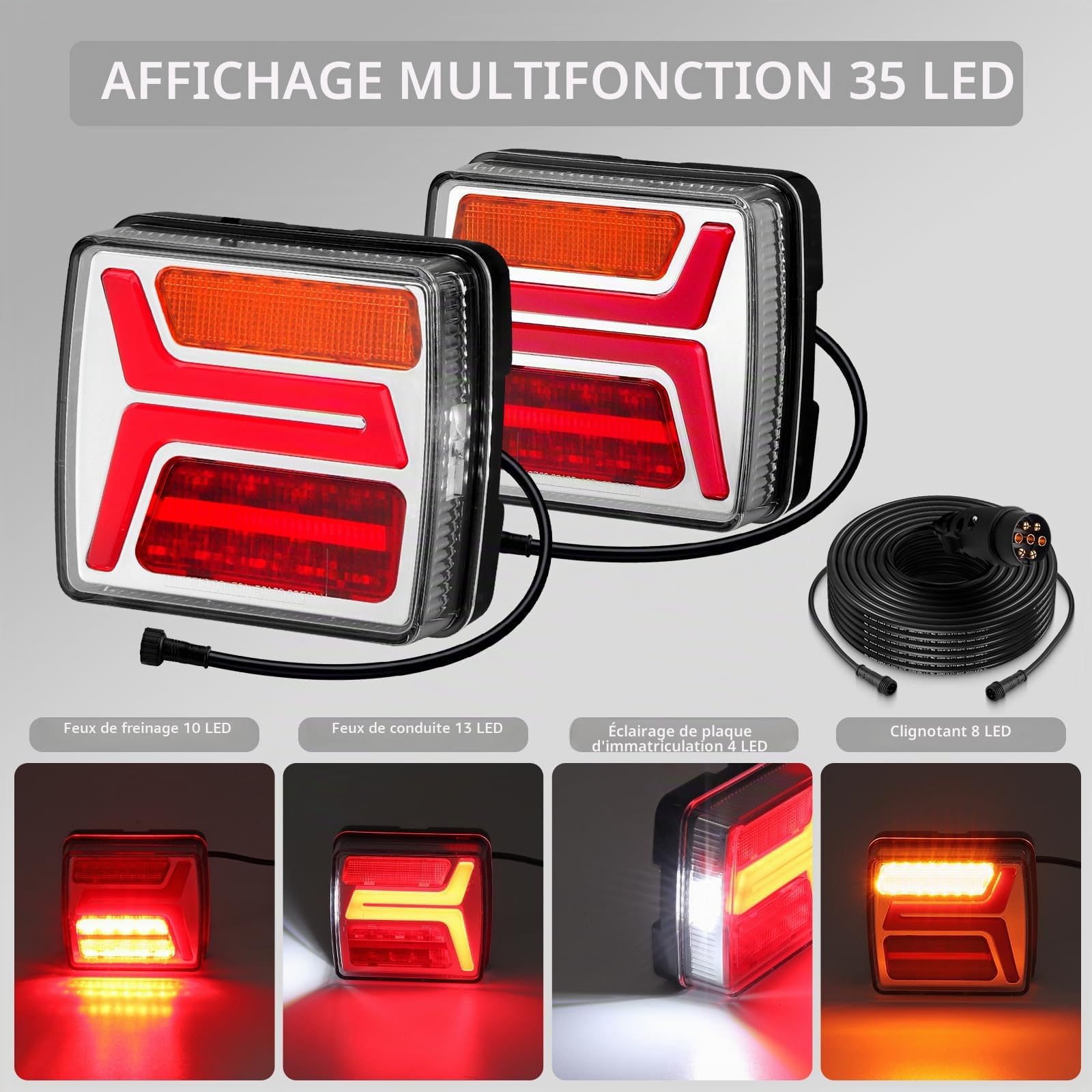 Justech 2PCS Feux Arrière LED pour Remorque 12V/24V, Ampoules de Feu Arrière avec Câble de 10 m et Connecteur 7 Broches, pour Remorque, Camion, Caravane