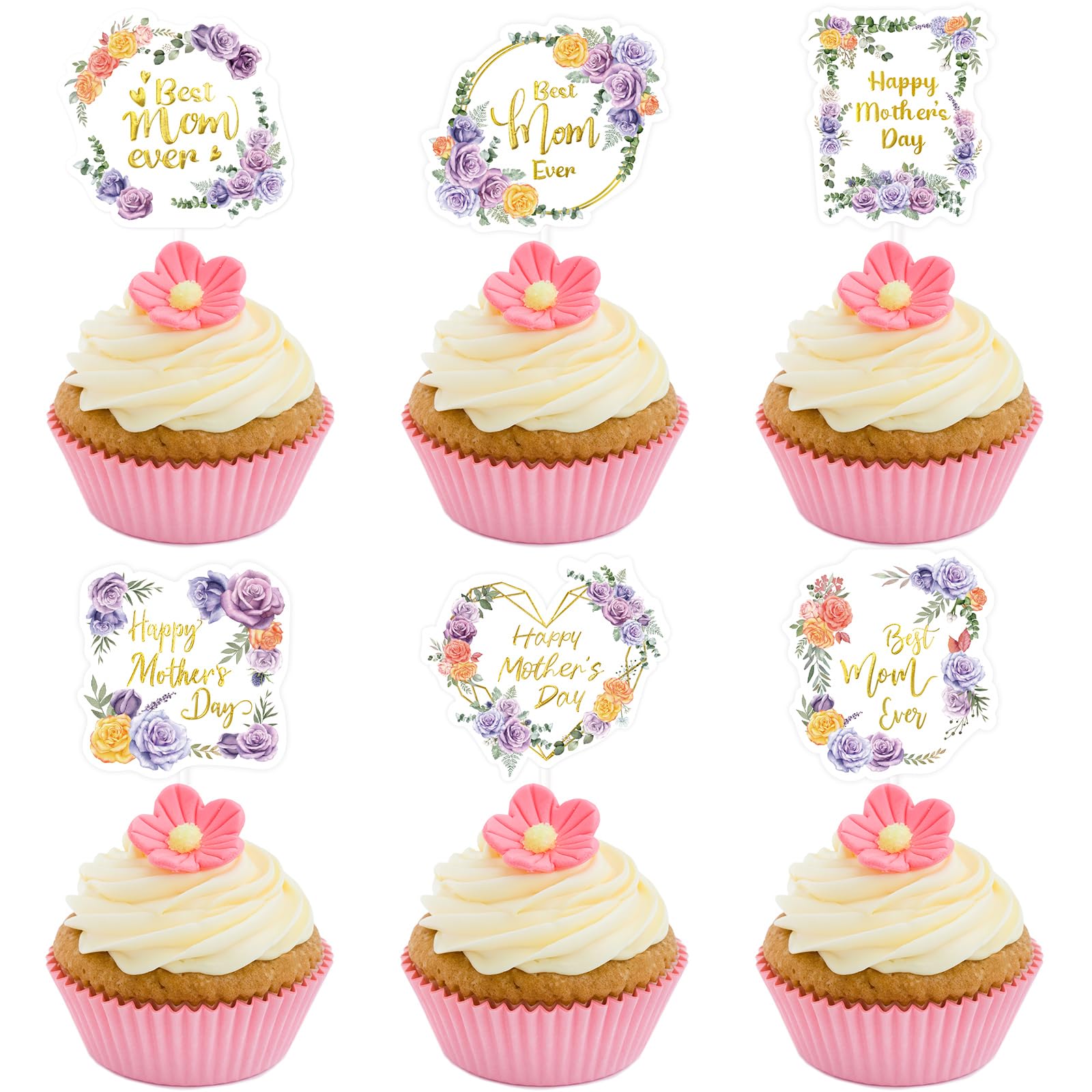 Happy Mother’s Day Cupcake Toppers 24PCS Gold Foiled Mothers Day Cake Toppers Decoration Purple Floral Best Mom Ever Birthday Party Supplies