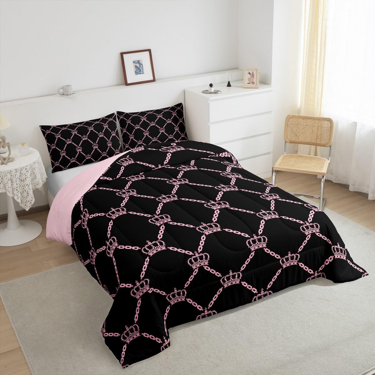 Feelyou Valentine Day Crown Bedding Set Twin Size Black Pink Comforter Set for Lovers Couple Adult Princess Style Duvet Set Fashion Pretty Quilt Set 2Pcs