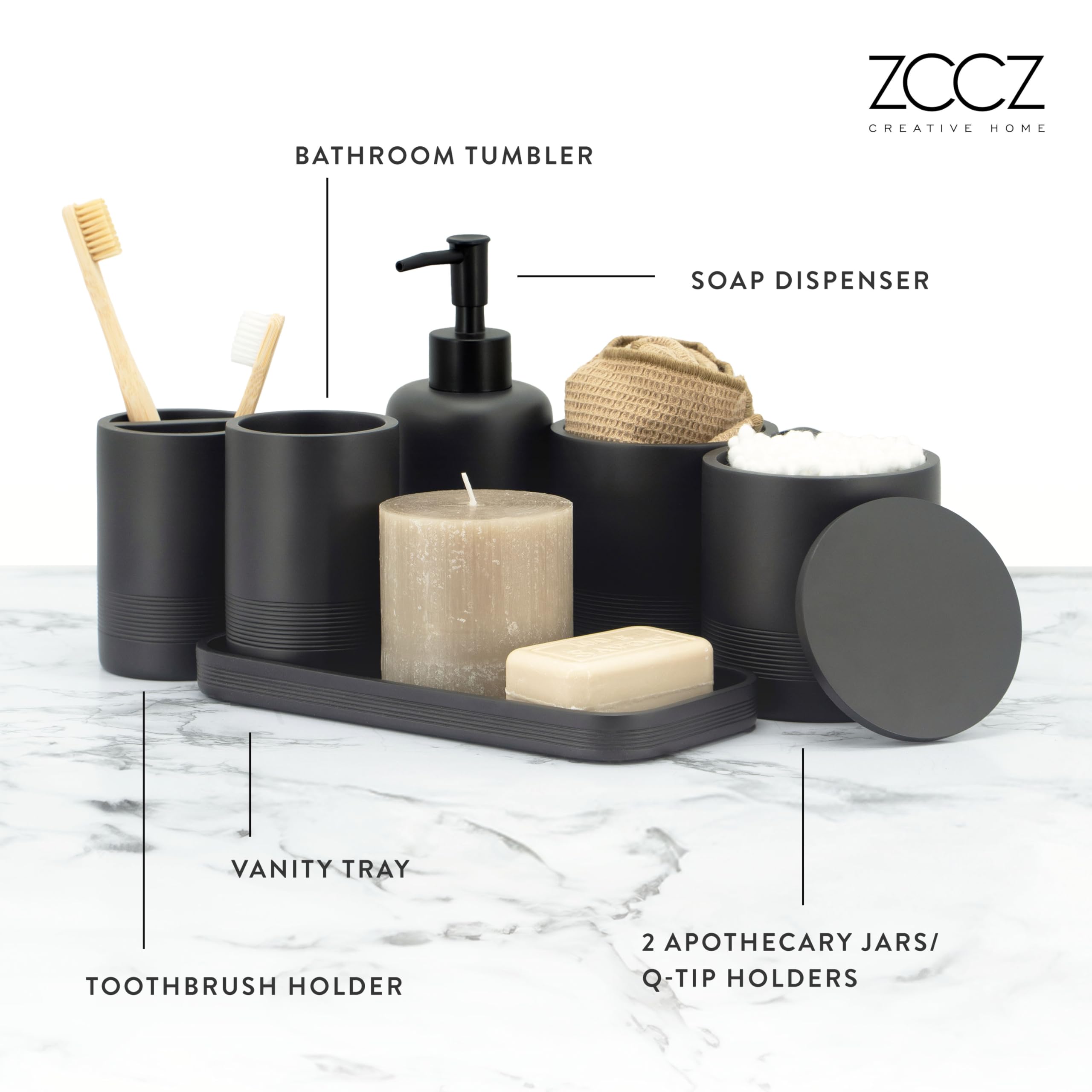 ZCCZ Black Bathroom Accessory Set 6 Pieces, Organiser With Toothbrush Holder, Lotion Soap Dispenser - Image 3