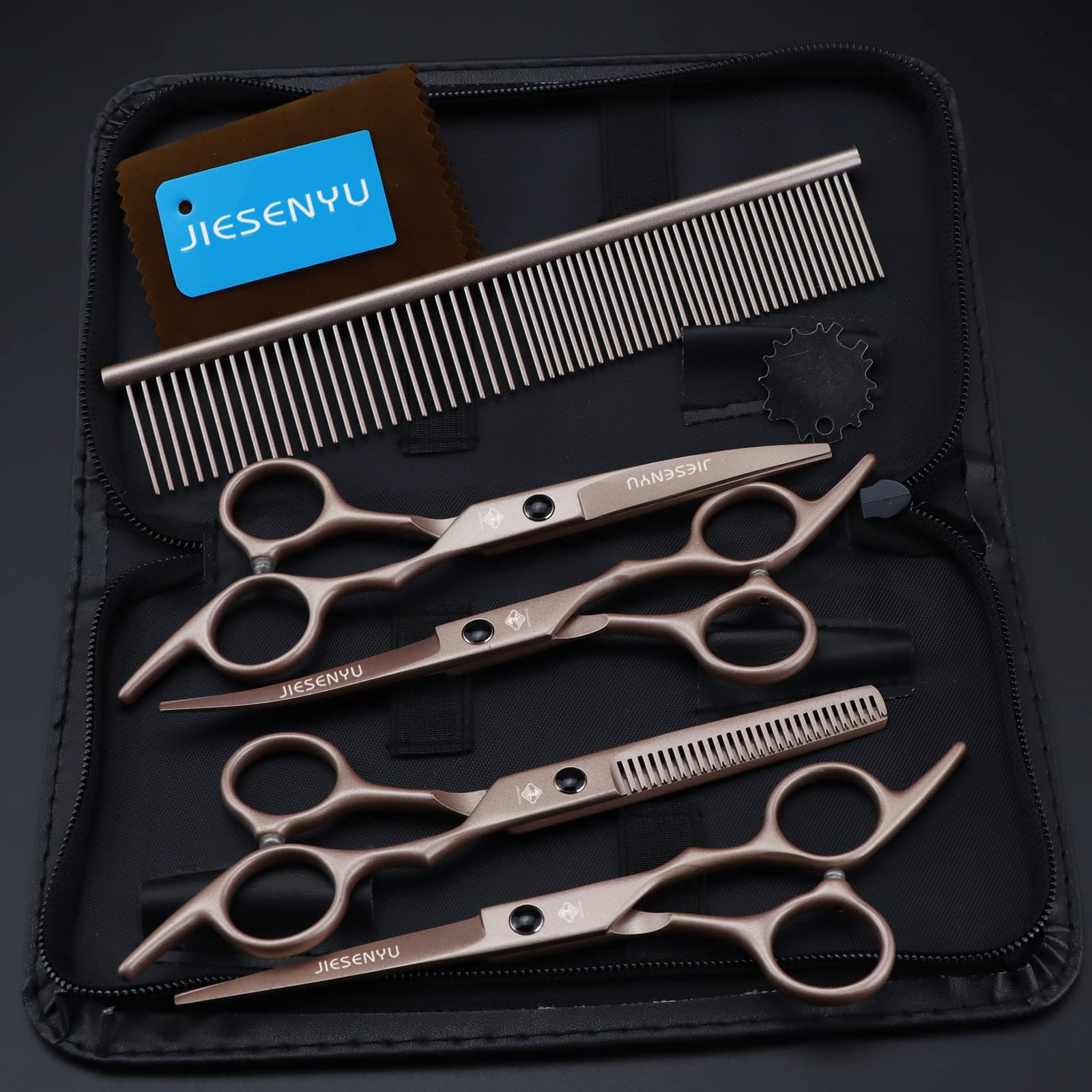 Pet Grooming Scissors Kit,6 inch Color,Dog Grooming Set,Cutting Scissors, Thinning Shear, Curved Scissors, Grooming Comb (Gold Set)