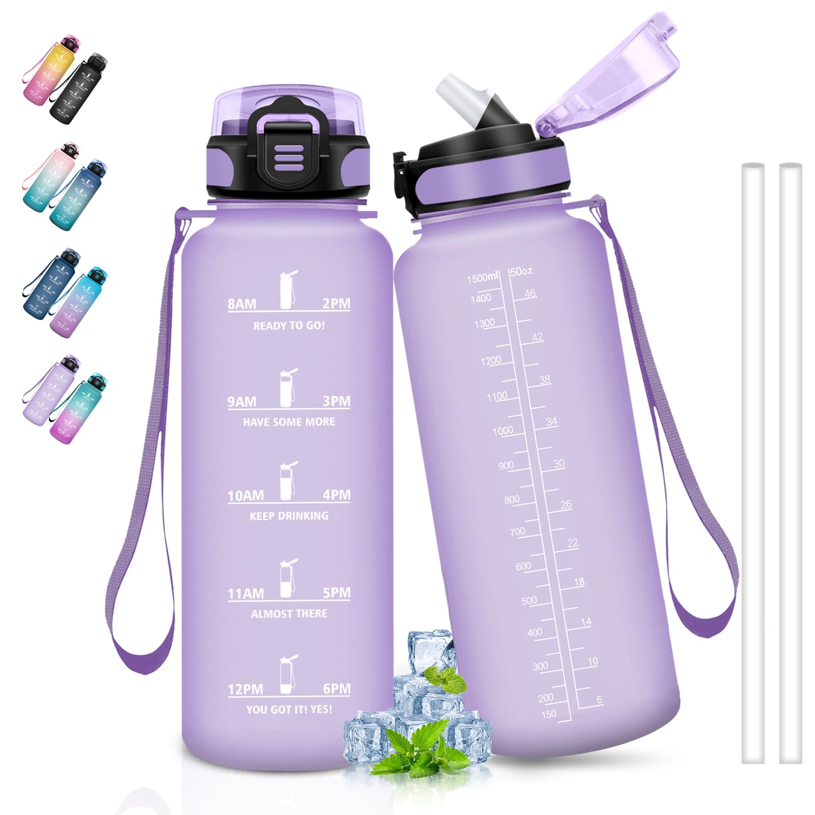 Grsta 1,5L Sport Trinkflasche mit Strohhalm und Zeitmarkierung, ideal für Gym, Wandern, Yoga, Outdoor