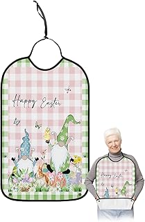 Spring Easter Green Plaid Adult Bibs for Elder Women Men Eating, Gnomes Colorful Eggs Bunny Pink Chekcered Waterproof & Washable Bibs for Eating Clothing Protector Dining Bibs for Crumb Catcher