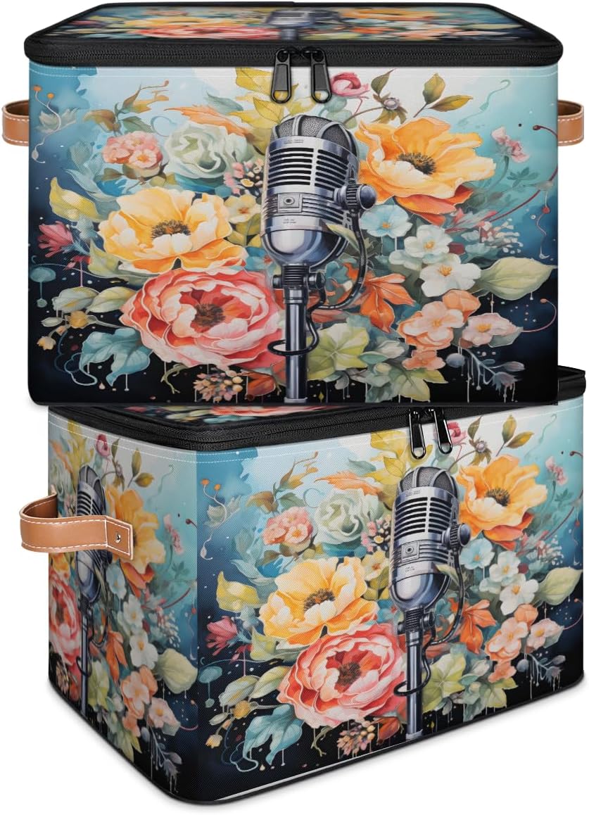 Storage Bin Set of 2 Microphone Flower Storage Basket with Zipper Lid & Handle Foldable Closet Shelf 2 Pack Cloth Organizer Basket Cube Bins Clothes Organizer for Nursery, Bedroom