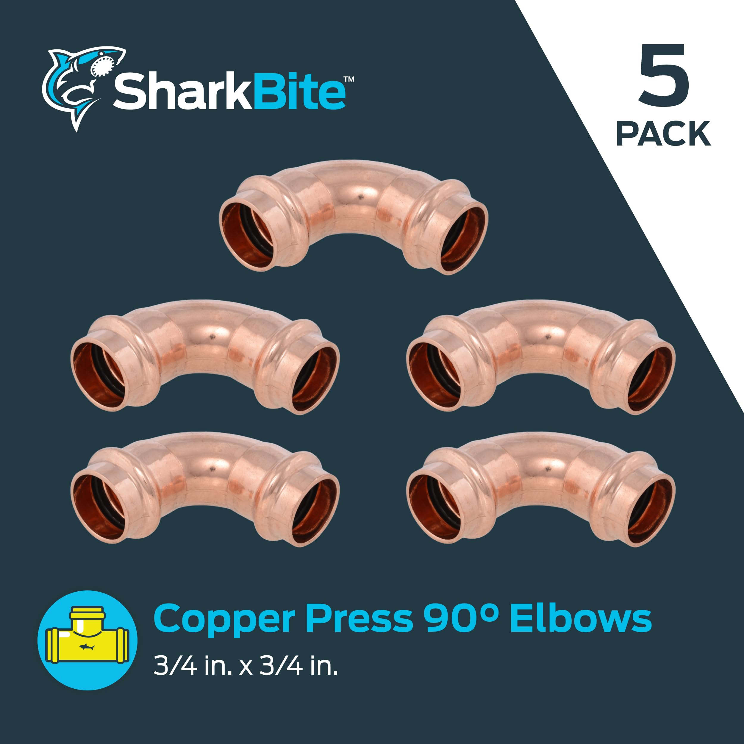SharkBite Codo de 90 grados de 3/4 x 3/4 pulgadas, accesorio de fontanería de prensa de cobre, paquete de 5, UPR256X5