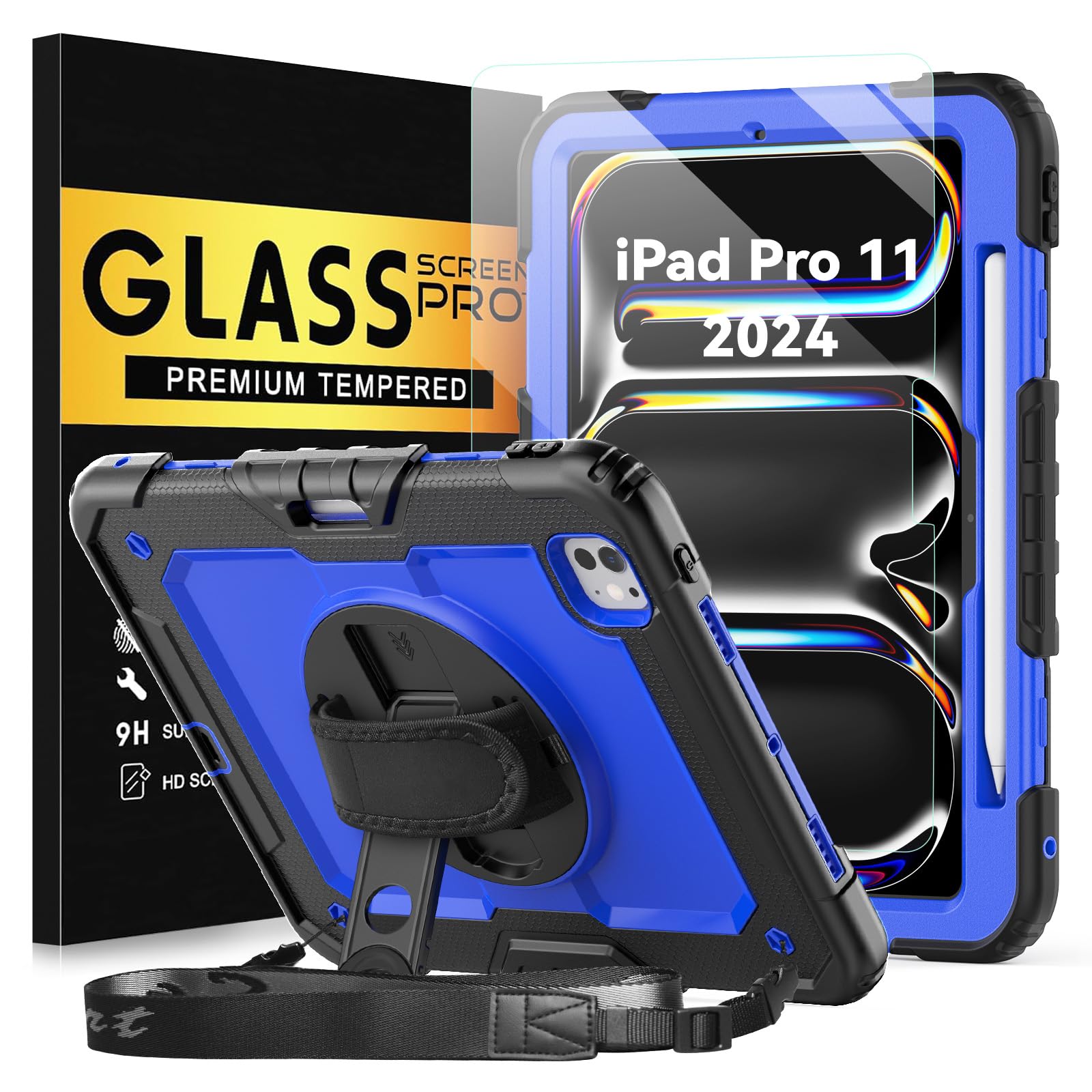 BLOSOMEET Case ONLY for iPad Pro 11 Inch (2024) M4 with Tempered Glass Screen Protector & Pencil Holder, Cover for iPad Pro11 5th Gen (A2836, A2837,
