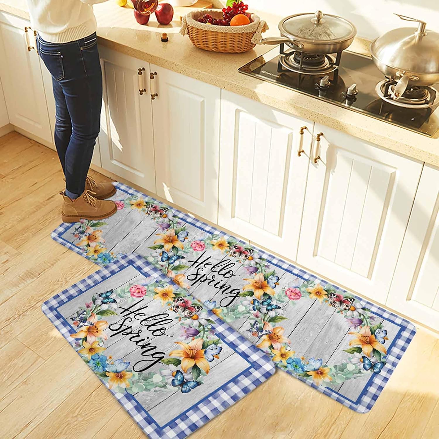 Hello Spring Kitchen Rugs and Mats Set of 2, Non-Slip Kitchen Sink Mat, Farmhouse Floral Eucalyptus Wood Blue Plaid Washable Doormat Bathroom Rugs Runner for Bedroom/Living Room 17.7"x30"+17.7"x59"
