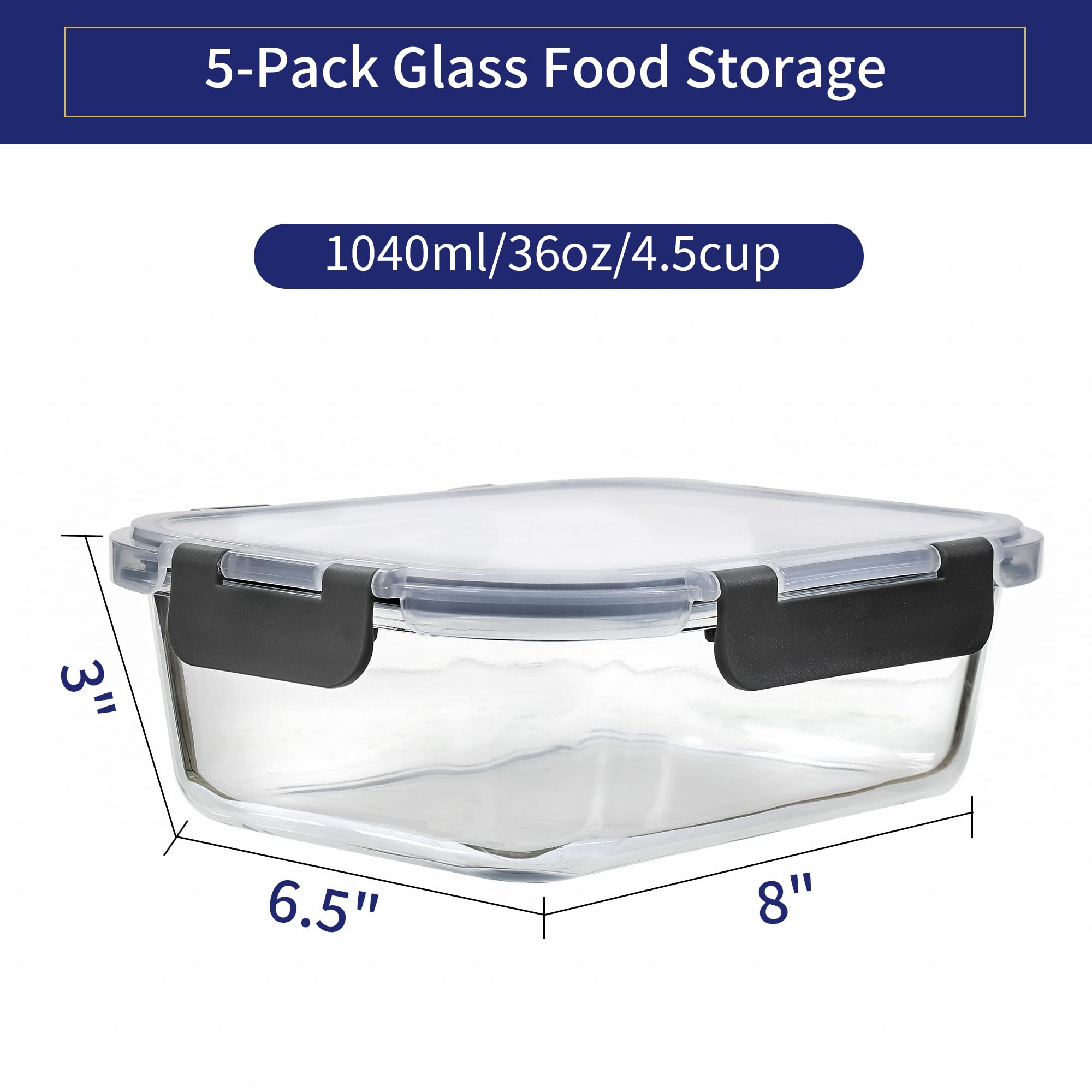 MFY 5-Pack 36 OZ Glass Storage Containers with Lids, Glass Meal Prep Containers Set, Airtight Lunch Containers with Lids, Microwave, Oven, Freezer and Dishwasher Safe, Gray