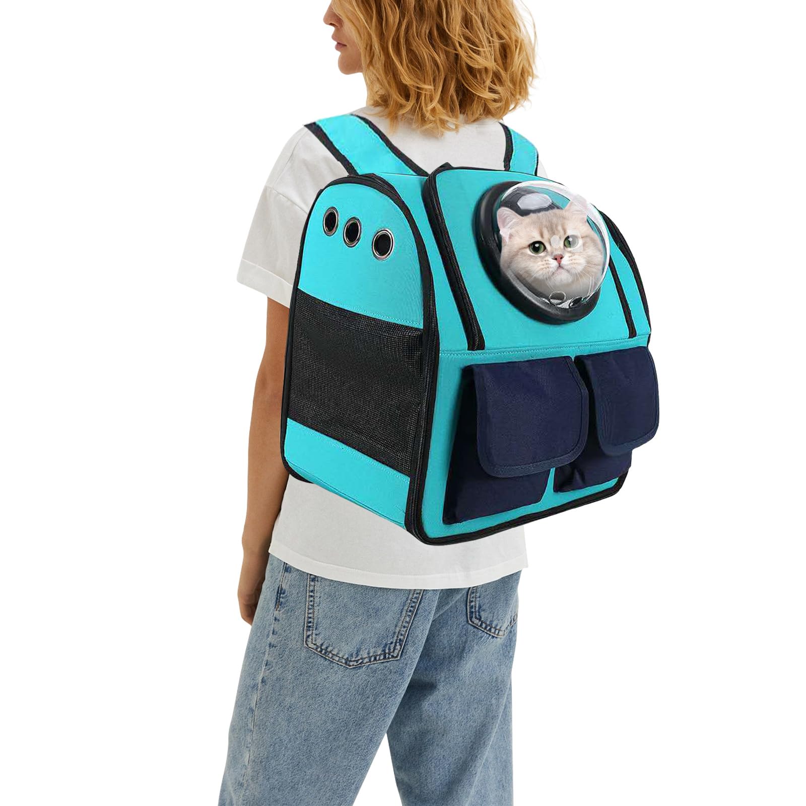 PETCUTE Mochila para Gatos,Mochila Transportín Perro,Plegable Mochila para Transporte de Mascotas con Cápsula Espacial Ventilada,Mochila Transportín Gato con Cama de Felpa Suave,Aerolínea Aprobada