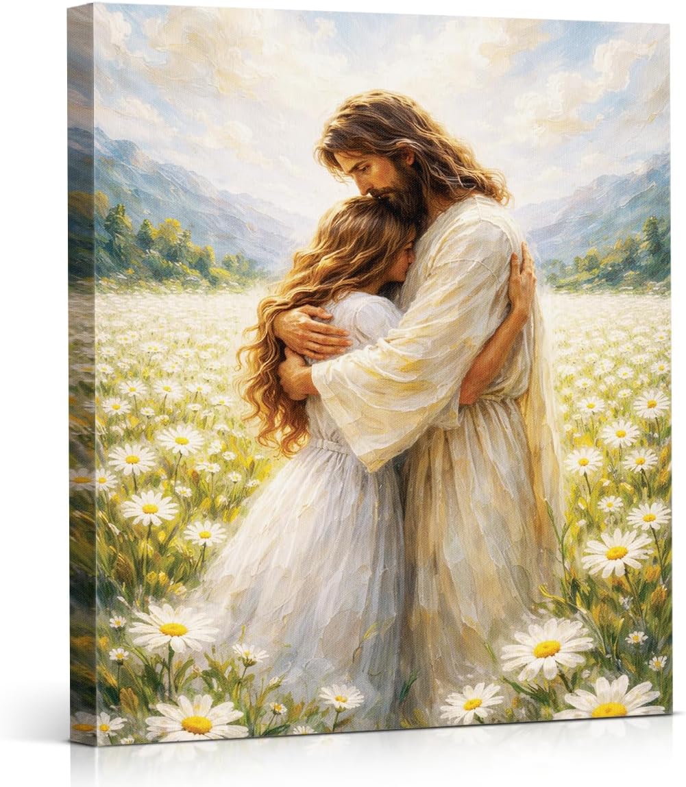 YJIKRTVT Christian Canvas Wall Art Jesus Hug Painting Inspirational Faith Decor for Living Room Bedroom Hallway Prayer Room Religious Comfort Artwork Gift for Women Pastor, 8x10 Inch