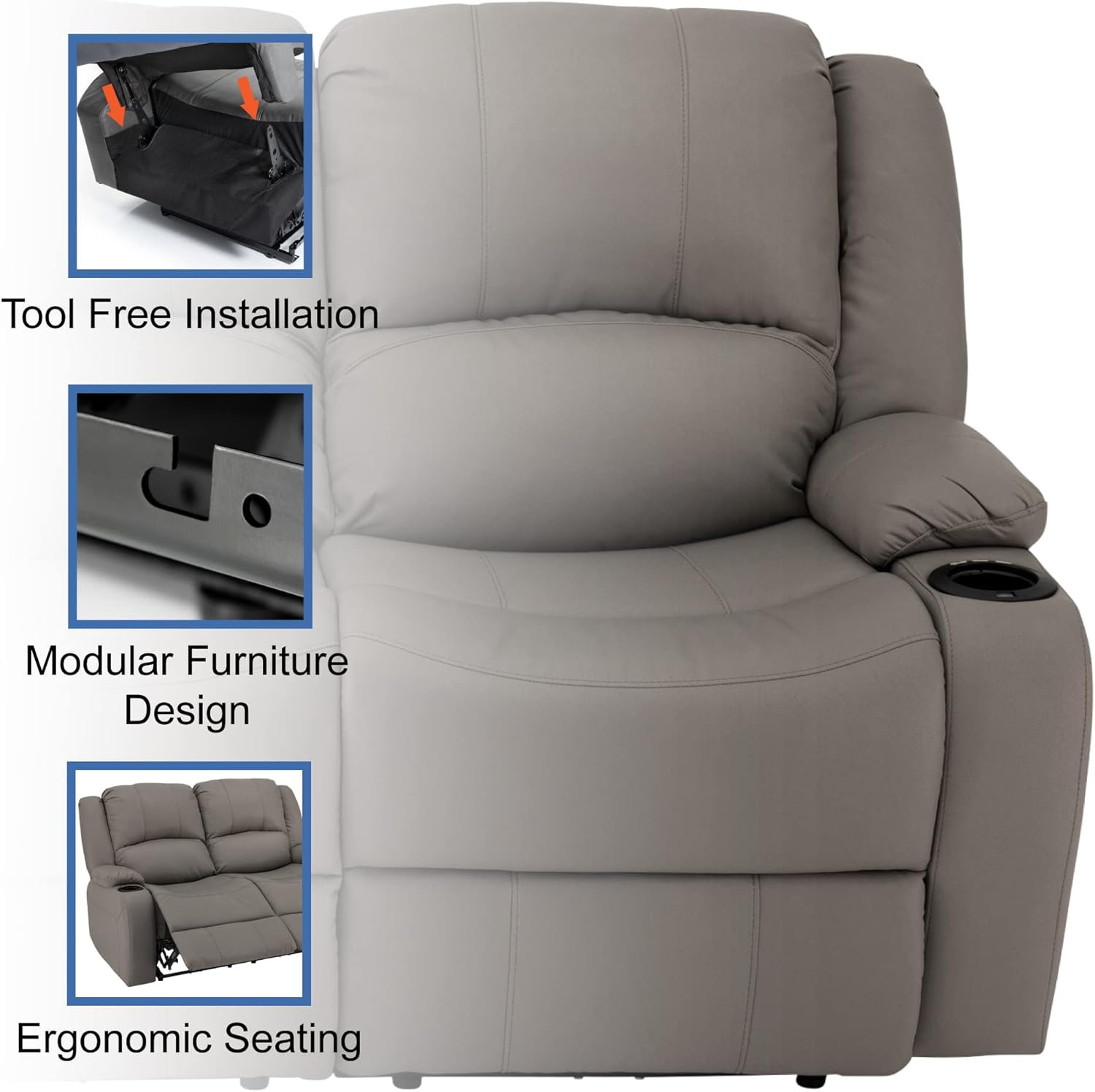 RecPro Charles 58" Powered Double Recliner RV Sofa | Zero Wall Loveseat for Camper | Wall Hugger Couch | Fifth Wheel Theater Seating | Replacement RV Furniture | Ultrafabrics Brisa | Ash