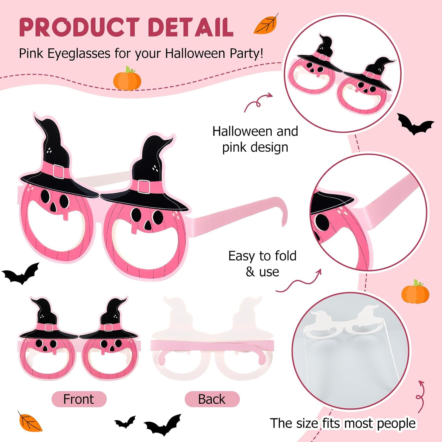 Tellegloww 36 Pcs Halloween Party Eyeglasses Bulk Pink Halloween Decor Glasses for Party Supplies Decorations Men Women