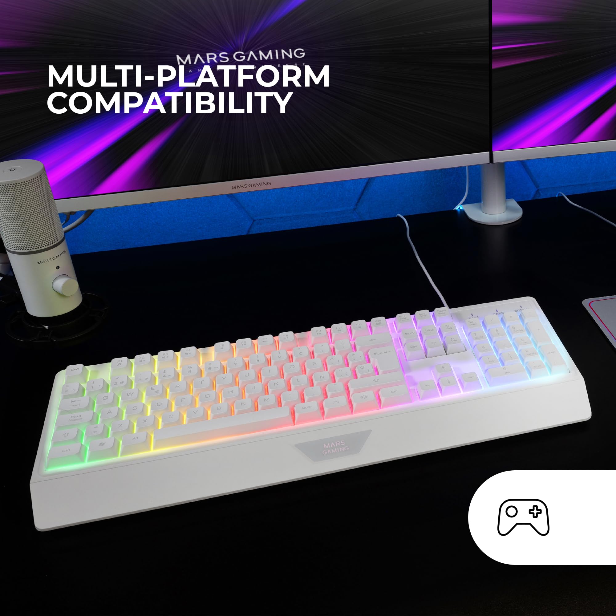 Mars Gaming MK124, Idioma Español, Teclado Ergonómico H-Mech Completo, Reposamuñecas Integrado, Iluminación FRGB Rainbow, Gaming Antighosting, Multiplataforma, Blanco — view 5