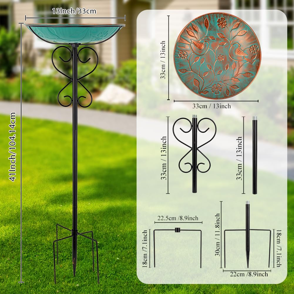 Baño de metal para pájaros al aire libre, baño de pie para pájaros y comedero para pájaros con estaca de hierro fundido para exteriores, jardín, patio, decoración de césped