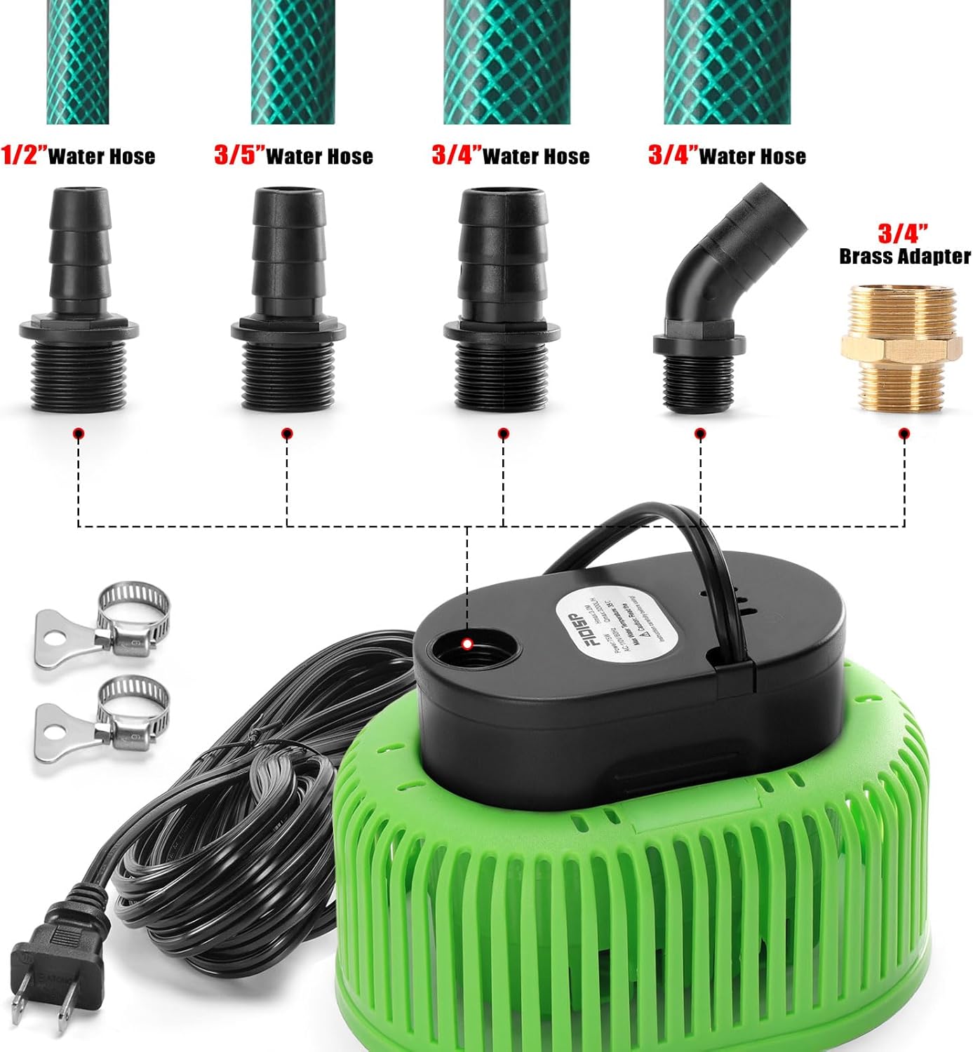 FIDISP Pool Cover Pumps, 850 GPH Above Ground Pool Cover Pump With 5 Hose Adapters, 20 FT Drain Hose, 25 FT Power Cord, Water Pump for Pool Draining for Drainage of Pool Covers, Ponds and Tubs(Green)