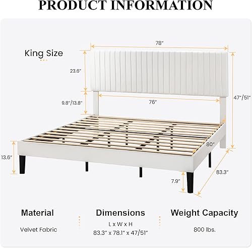 Miniatura 2 de SHA CERLIN Base de cama de plataforma tapizada tamaño King con cabecera ajustable de tela de terciopelo capitoné de canal vertical, soporte de