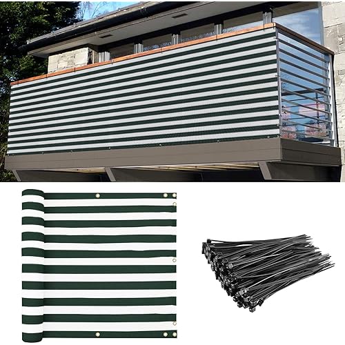 E&K Balcony Privacy Screen for Deck Yard Patio Pool 3'x31' Privacy Fence Screen Porch Yard Backyard Railings Chain Link Fence Dog Fencing Privacy Screen Cover with Zip Ties Green White Strip