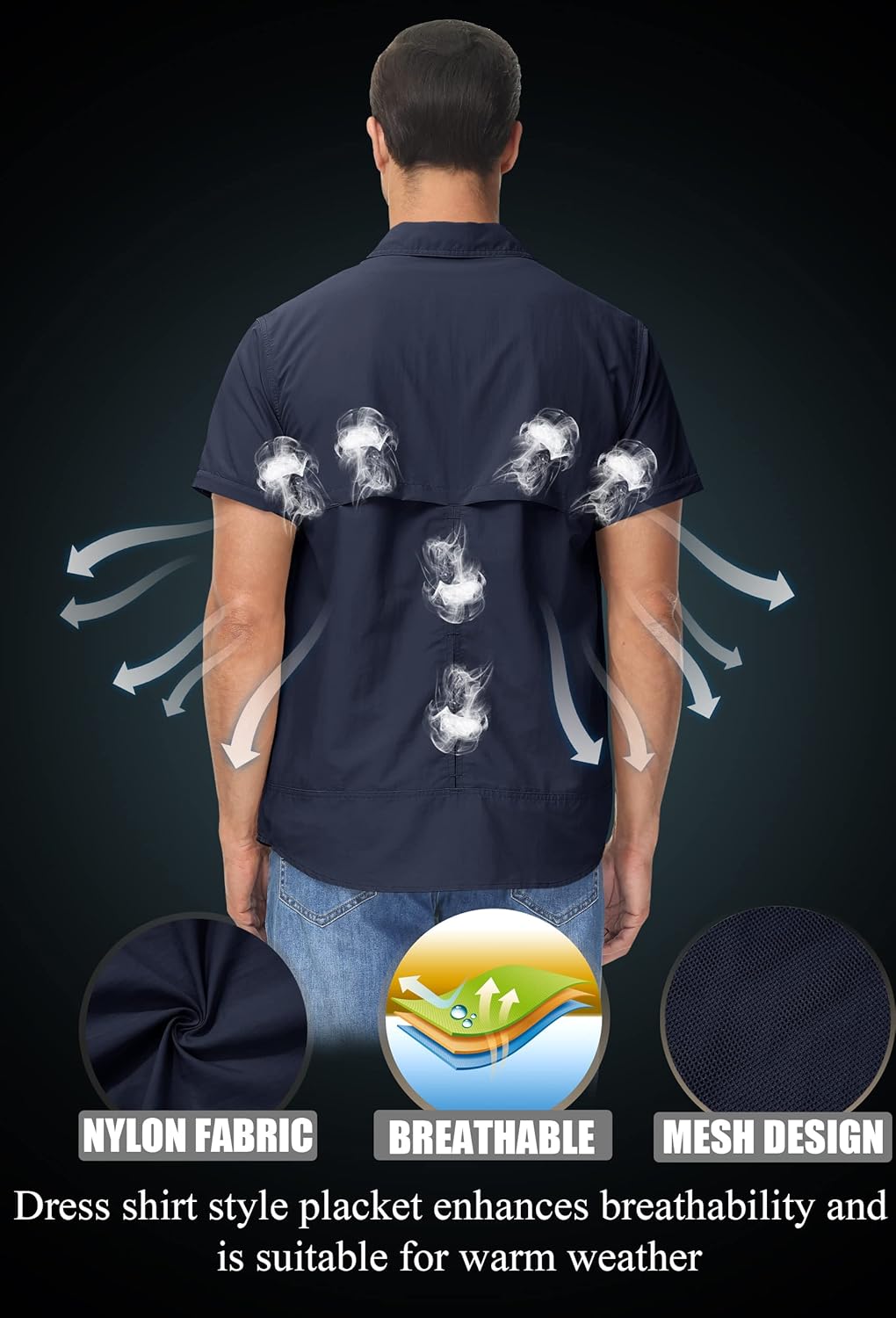 TACVASEN Men's Breathable Quick Dry UV Protection Solid Convertible Long Sleeve Shirt Navy X-Large