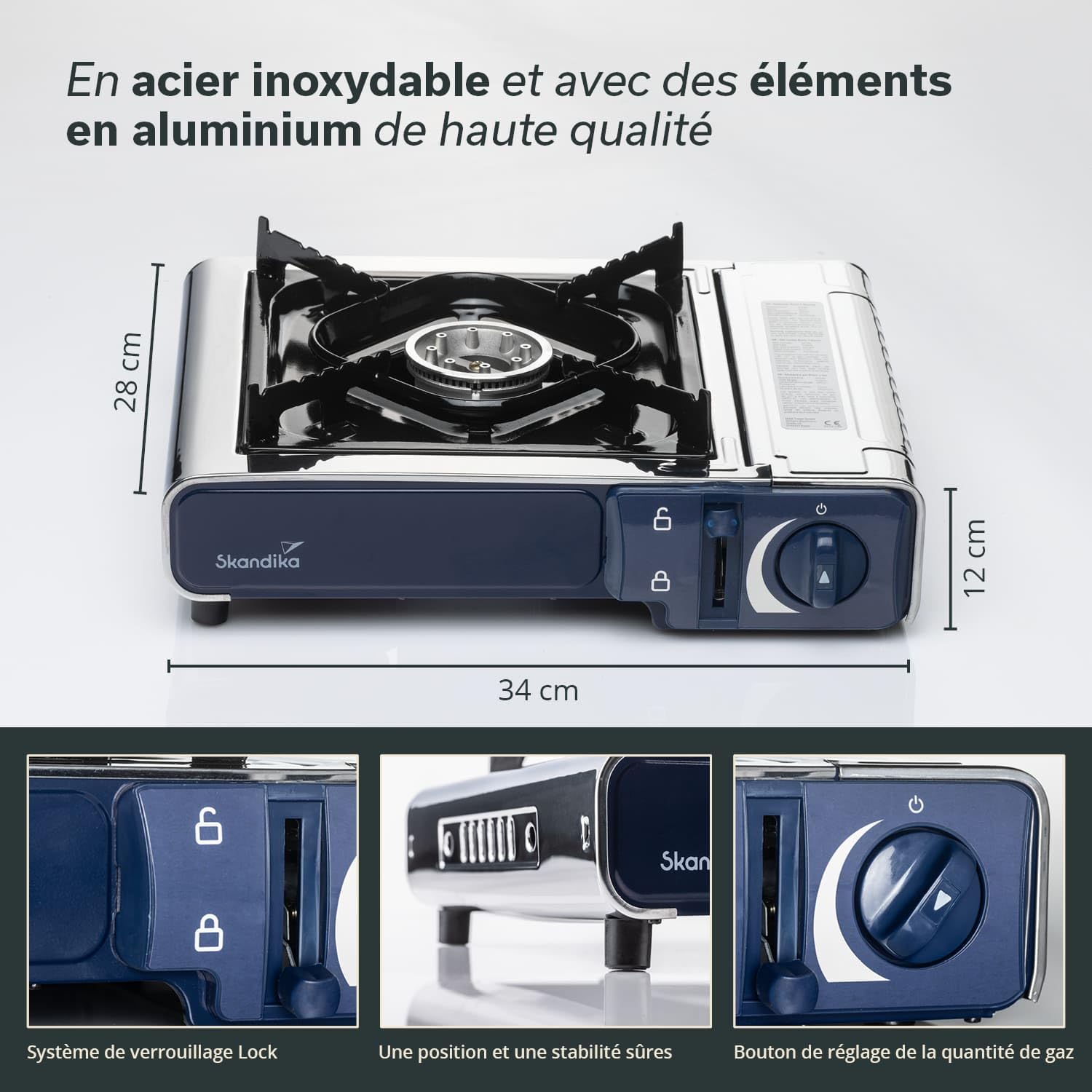 Skandika Réchaud à gaz Brann | 1 feu, réchaud de camping robuste portable pour cartouches de gaz MSF-1A 227 g, acier inoxydable, puissance réglable, allumage PIEZO, mallette plastique | Camping Grill
