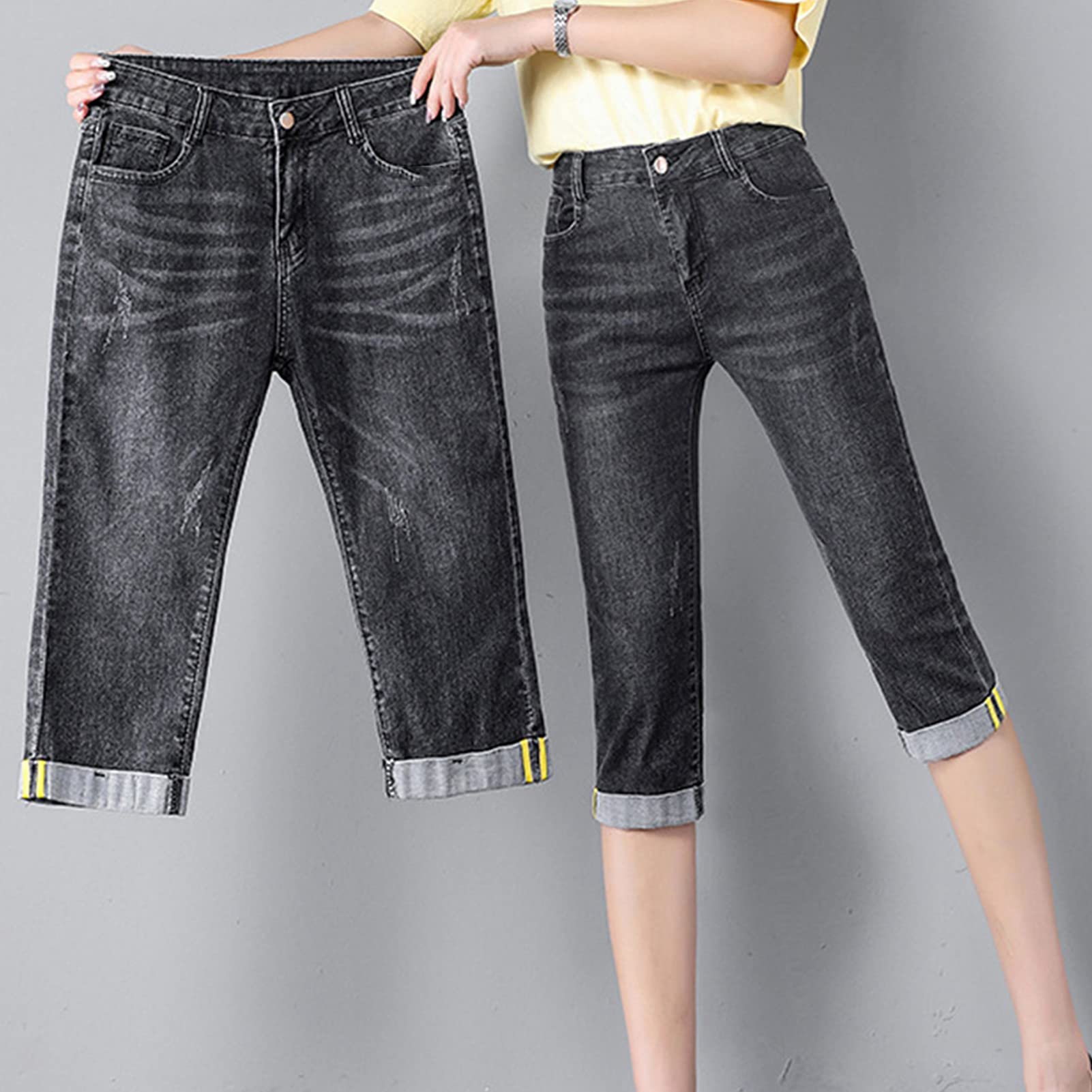 Women's Mid Rise Classic Roll Cuff Short Casual Knee Length Denim Shorts Slimming Stretchy Jeans with Pockets (29,Dark Grey)