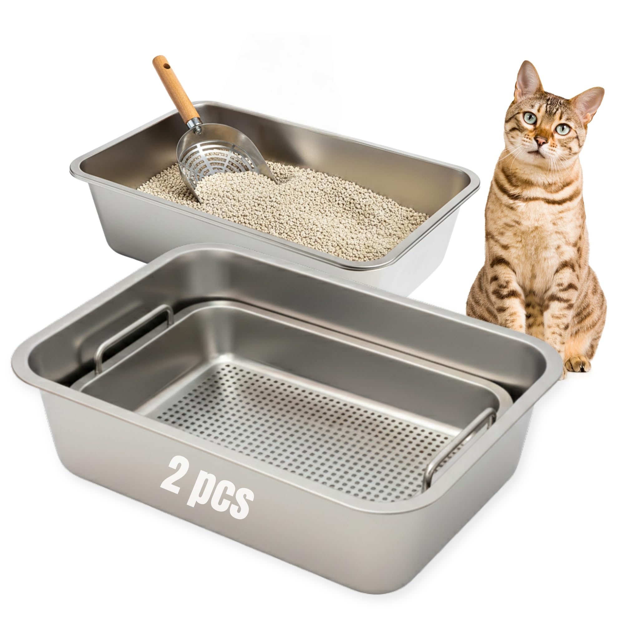 Stainless Steel CAT Litter Box Set – High Sided Metal Litter Box, 4-Piece Kit with 2 Trays, Sifting Tray & Scoop, Medium Size (18 x 14 x 6 in)