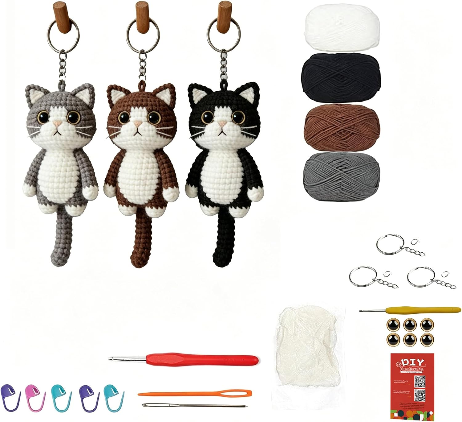 3 Pack Crochet Cat Kit Beginners Adults Amigurumi Crochet Animal Keychain DIY Craft Step By Step Video Tutorials Creative Gift Cat Lovers