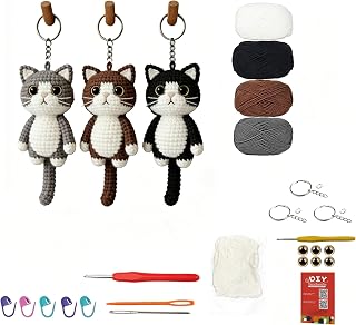 3 Pack Crochet Cat Kit Beginners Adults Amigurumi Crochet Animal Keychain DIY Craft Step By Step Video Tutorials Creative Gift Cat Lovers