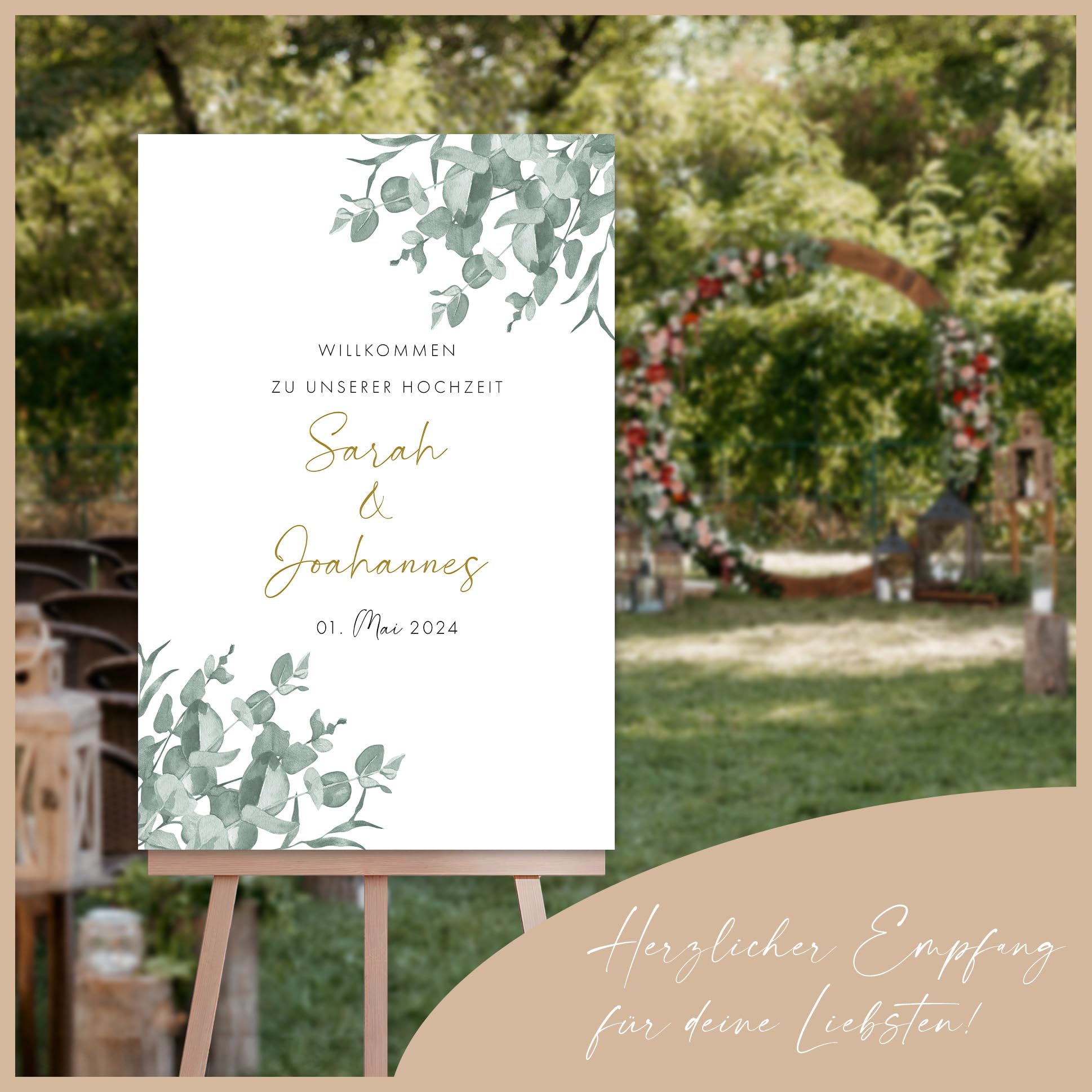 HEI Print Willkommensschild Hochzeit Eukalyptus mit Datum und Namen, personalisierte Hochzeitsdeko, Aufsteller Willkommen Schild, Grün, Leinwand, 60x40 (Hochformat)