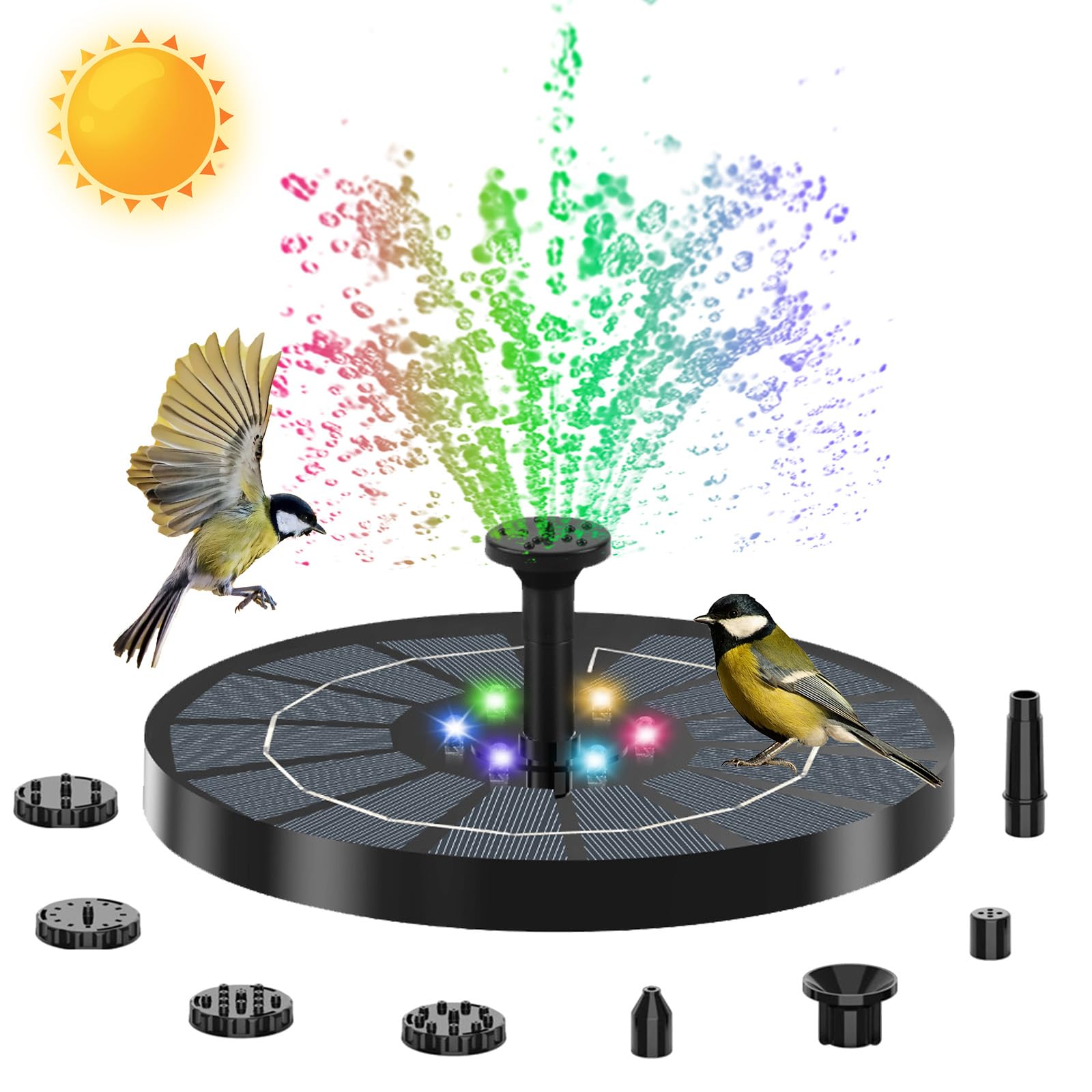 Solar Water Fountain, 3.5W Solar Fountain Pump, Solar Powered Water Fountainwith 6 Nozzles and 7 Colorful LED Lights
