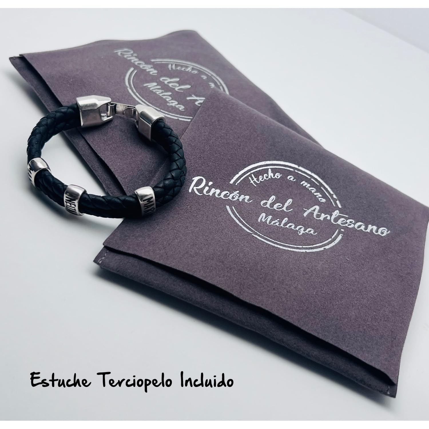 Pulsera Hombre Personalizada con Nombres, Baño Plata y Cuero Auténtico Español, Trenzado Doble Negro