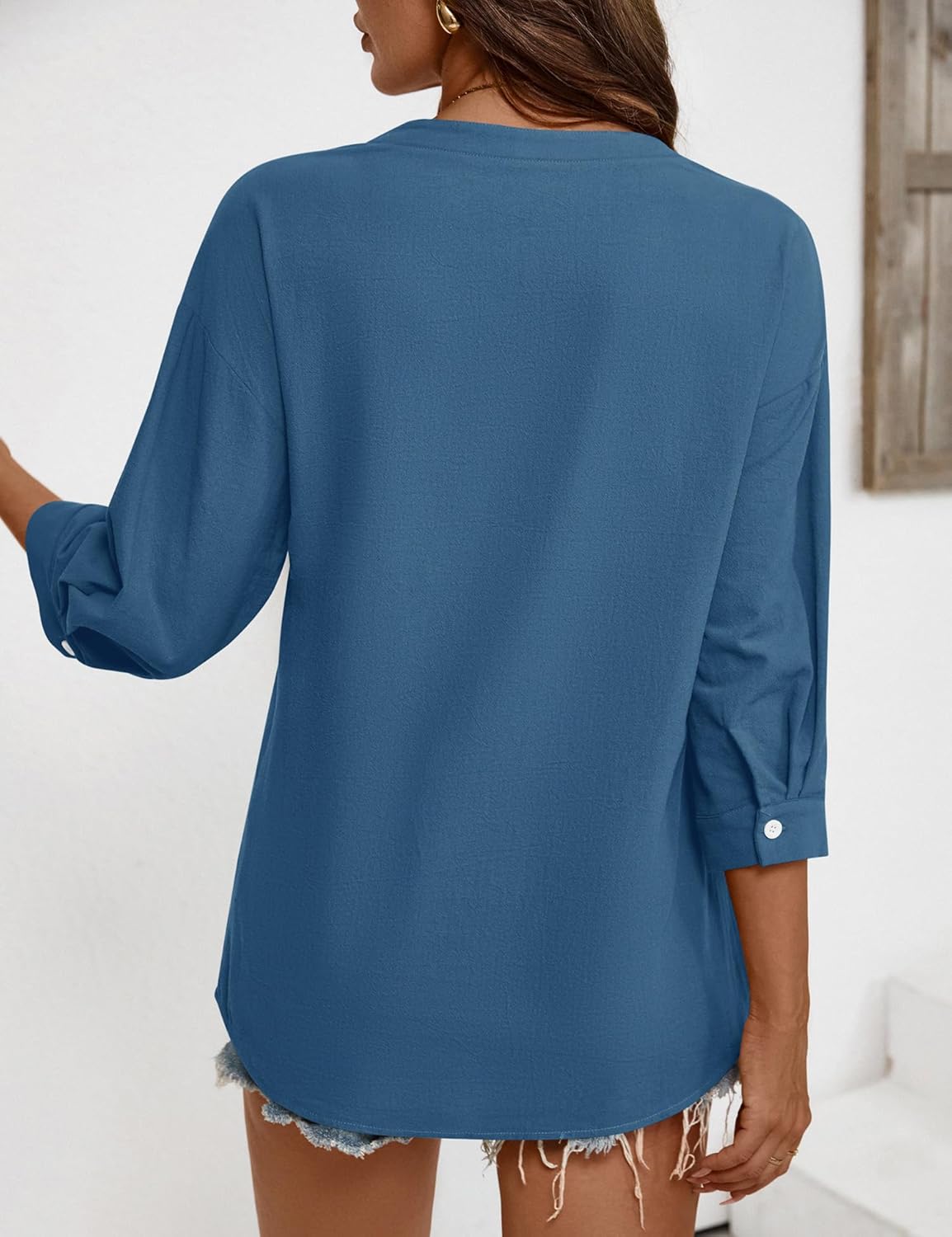 LOMON Womens 3/4 Sleeve Button Down Shirts Cotton Linen Roll Up Short Sleeve Tops V Neck Casual Loose Fit Blouses - Image 6
