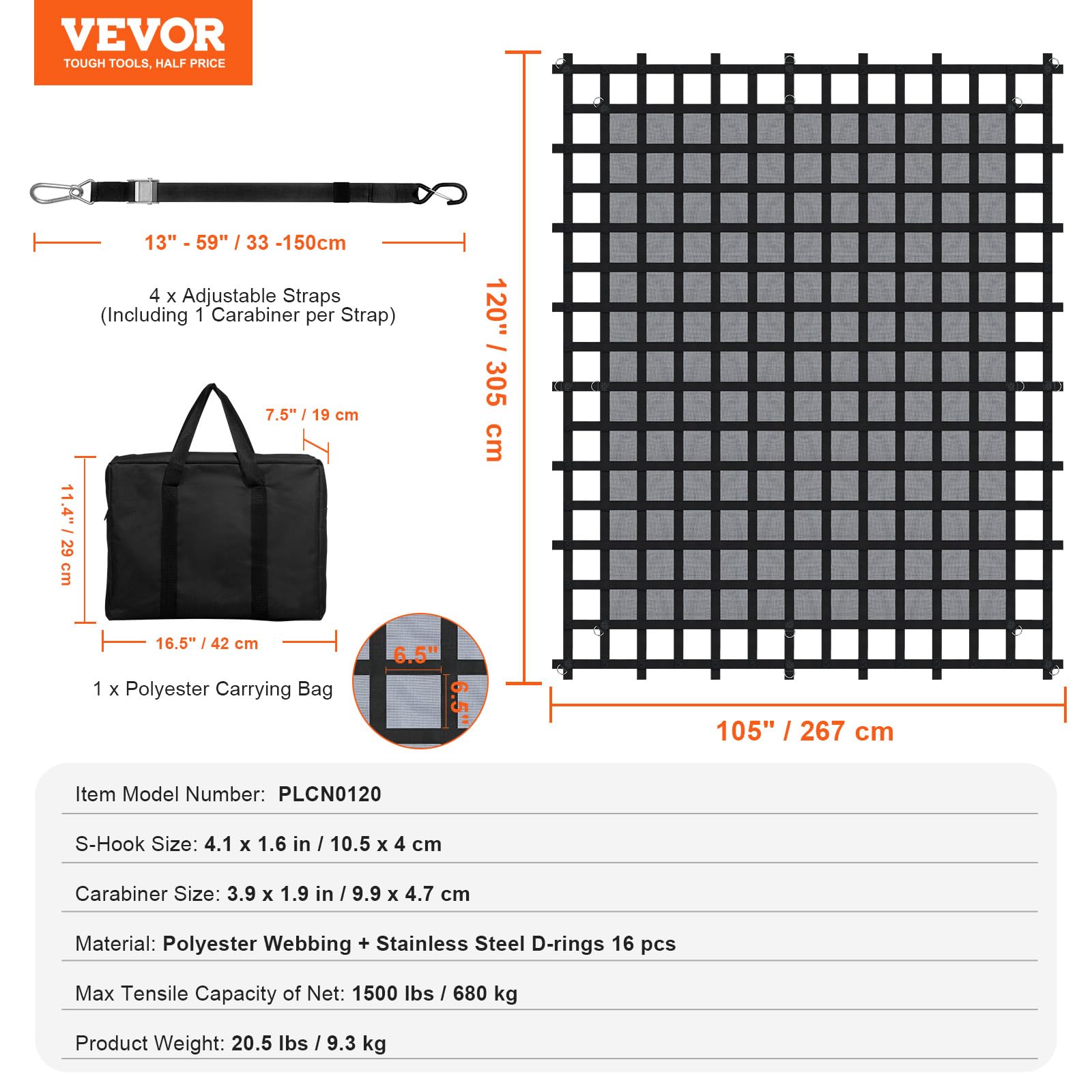 VEVOR Frachtnetz, 3020 x 2670 mm, LKW-Ladeflächennetz, 4 verstellbare Gurte mit Karabinern & S-Haken, Transportnetz verschleißfest & wetterfest, Gepäcknetz geeignet für Pickup, LKW, Jeep, SUV, Boot