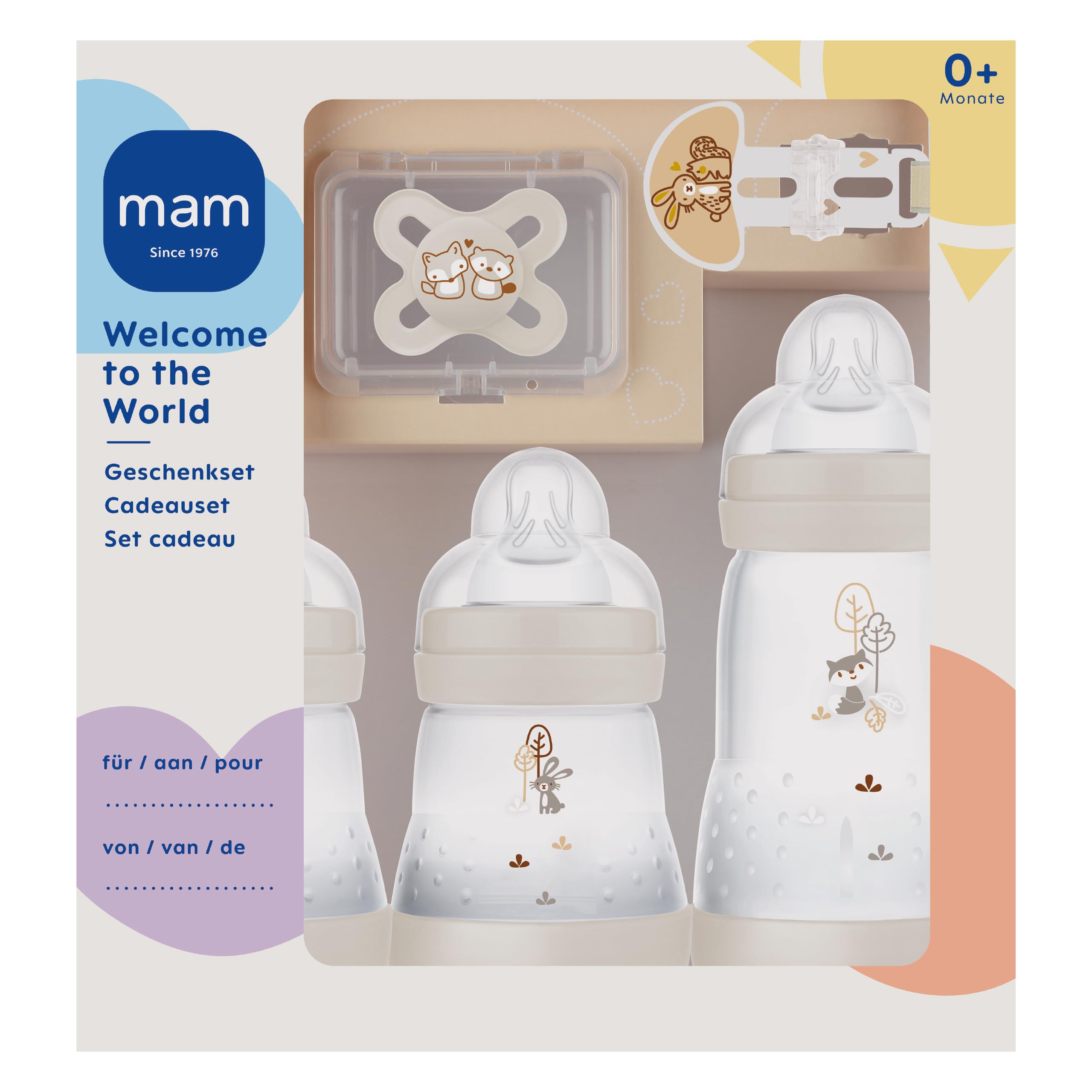 MAM Easy Start anti-oliek starterset, zelfsteriliserende babyflessen met fopspeen en accessoires voor pasgeborenen, blauw (patronen kunnen variëren