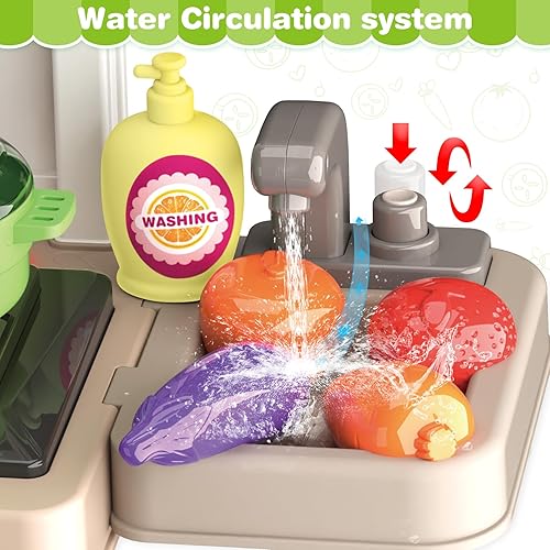 Miniatura 4 de Juego de cocina, juego de cocina para niños con sonido y luz realistas, estufa de cocina, fregadero, comida de juego y accesorios, 57 piezas,