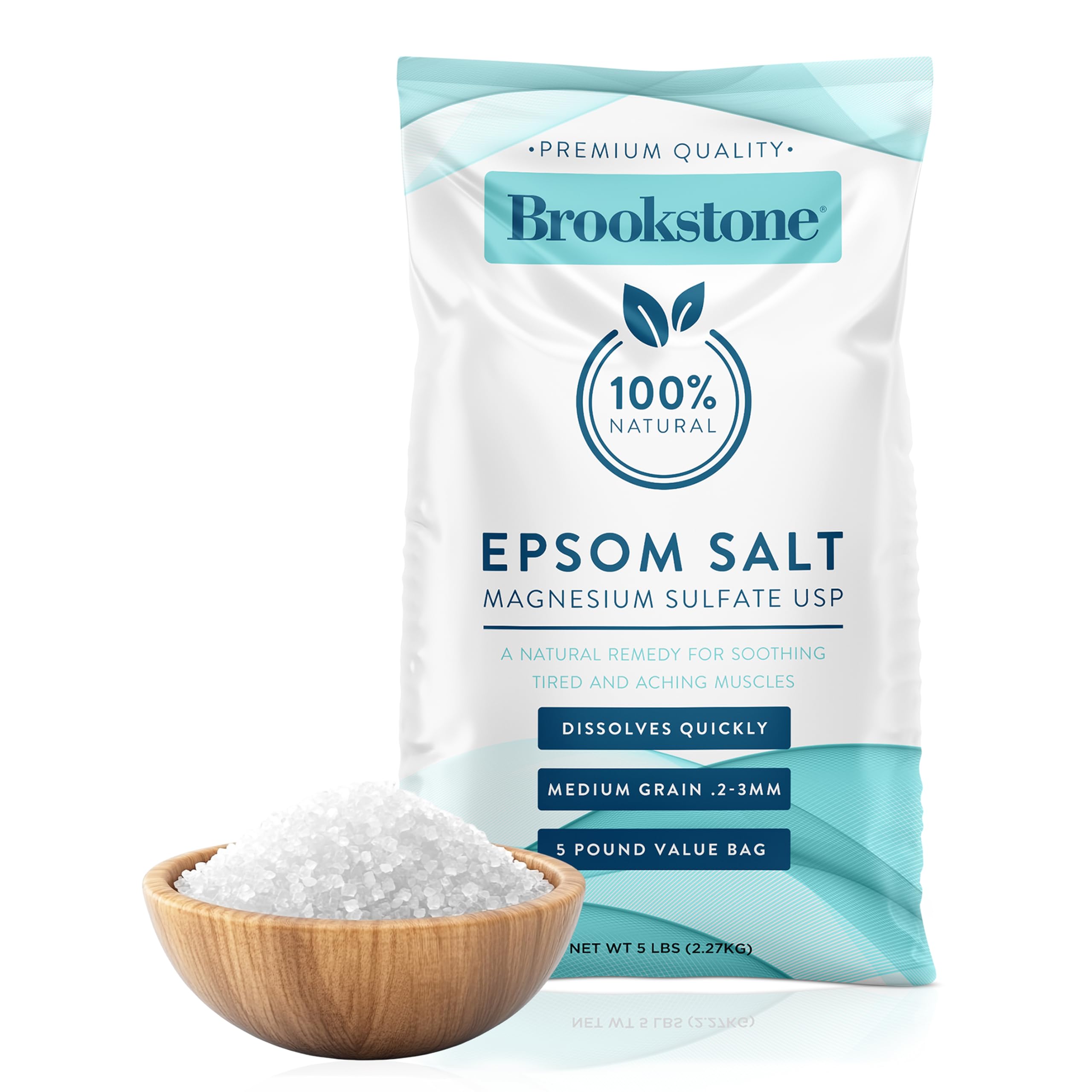 Brookstone 5 lb Epsom Salt Bulk Bag - Premium Magnesium Sulfate USP, Medium Grain Unscented Bath Soak Salt - Pure Epsom Salt for Bath, Foot Soak,