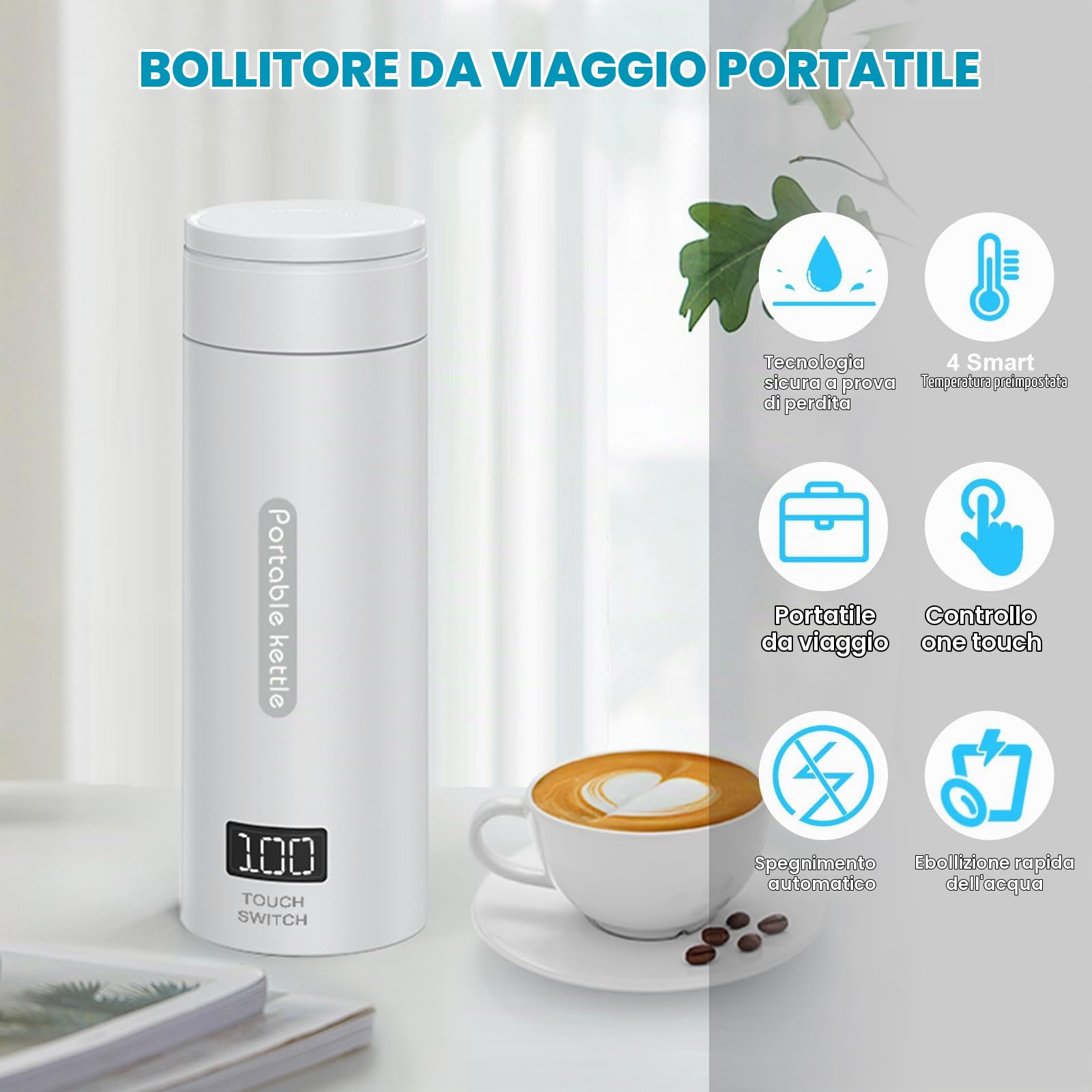 Flintronic Bollitore Elettrico Portatile, 380ML Bollitore da Viaggio, Bollitore Portatile Elettrico, con Display LCD per Tè Caffè Latte, Spegnimento Automatico/Protezione Contro l'ebollizione Secco