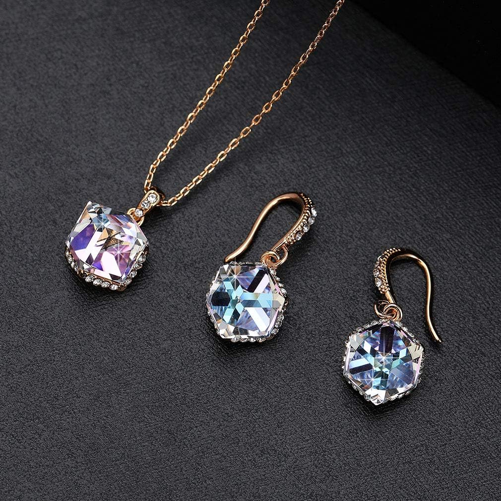 EVEVIC Colorful Cubic Austrian Crystal Pendant Necklace Earrings for Women 14K Gold Plated Hypoallergenic Jewelry Set - Image 3