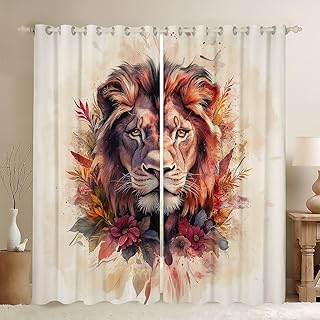 Feelyou Lion Curtains for Bedroom Living Room (2 Panels, 52 x 90 Inch) Animal 30%-50% Room Darkening Blackout Curtain Flower and Plants Darkening Dreapes Wildlife Window Treatments Beige Orange - Buy now