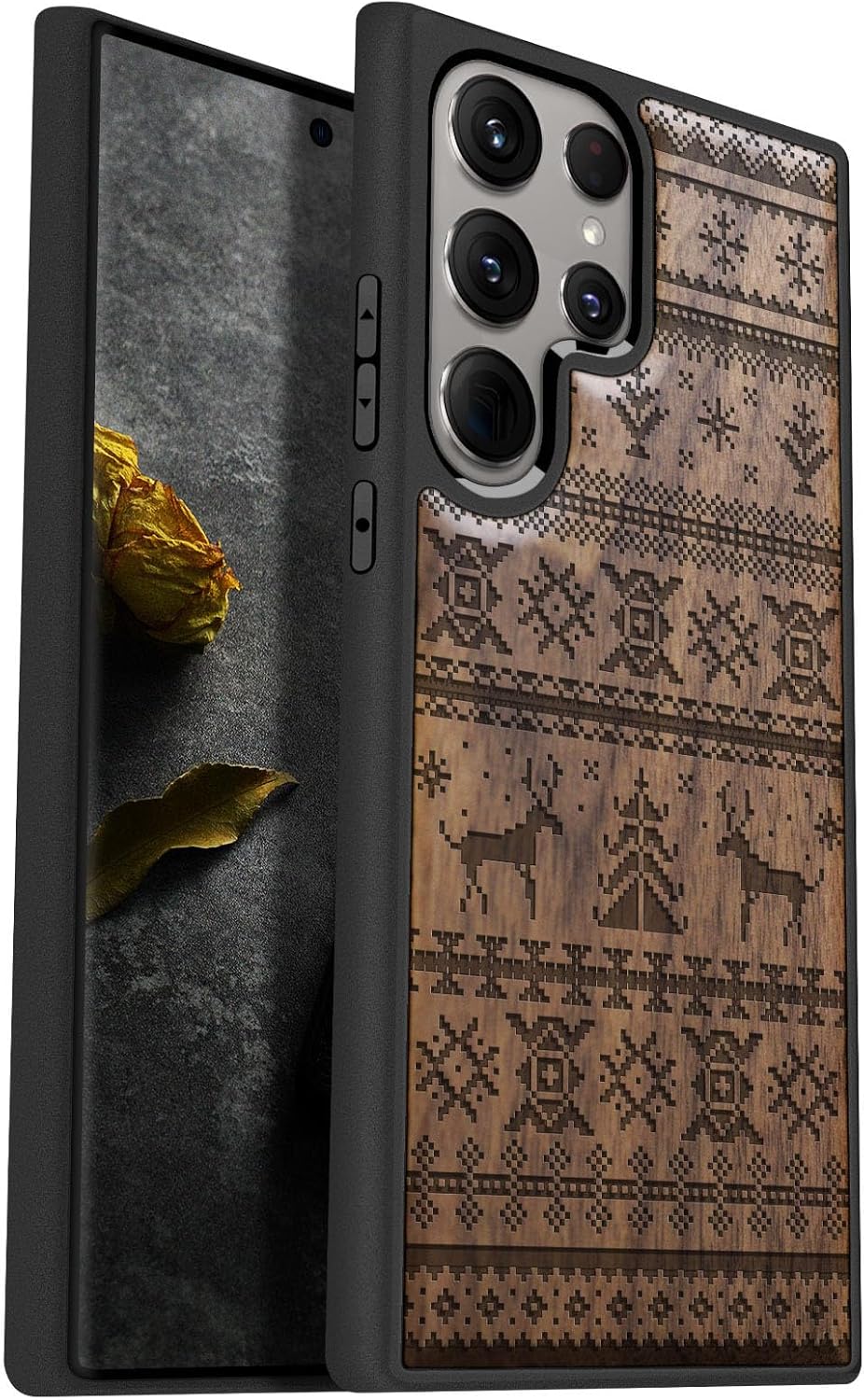 Carveit for Galaxy S24 Ultra Case Natural Wood Black Soft TPU Protective Cover Compatible with Samsung S24 Ultra | Shockproof, Unique Wooden Design, Mountains and Deer-Walnut