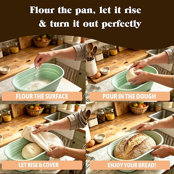 Sourdough Proofing Basket with Linen Cloth, 25cm Foldable Oval Silicone Banneton, Foldable Space Saving Dough Proofer for Artisan Bread Baking, Ideal Gift for Home Bakers