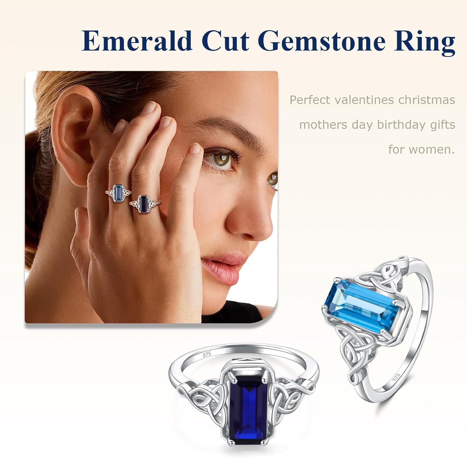 Celtic Knot Ring Sterling Silver 14K Yellow Gold Plated Lucky Trinity Emerald Cut Engagement Rings Amethyst/Peridot/Aquamarine/Ruby/Blue Topaz/Green Emerald/Sapphire Solitaire Signet Ring for Women - Image 7