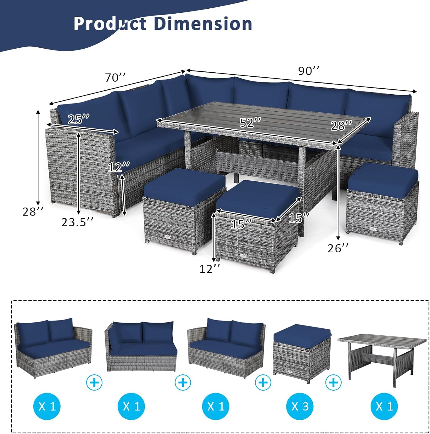 Product Dimension diagram showing individual components and their quantities